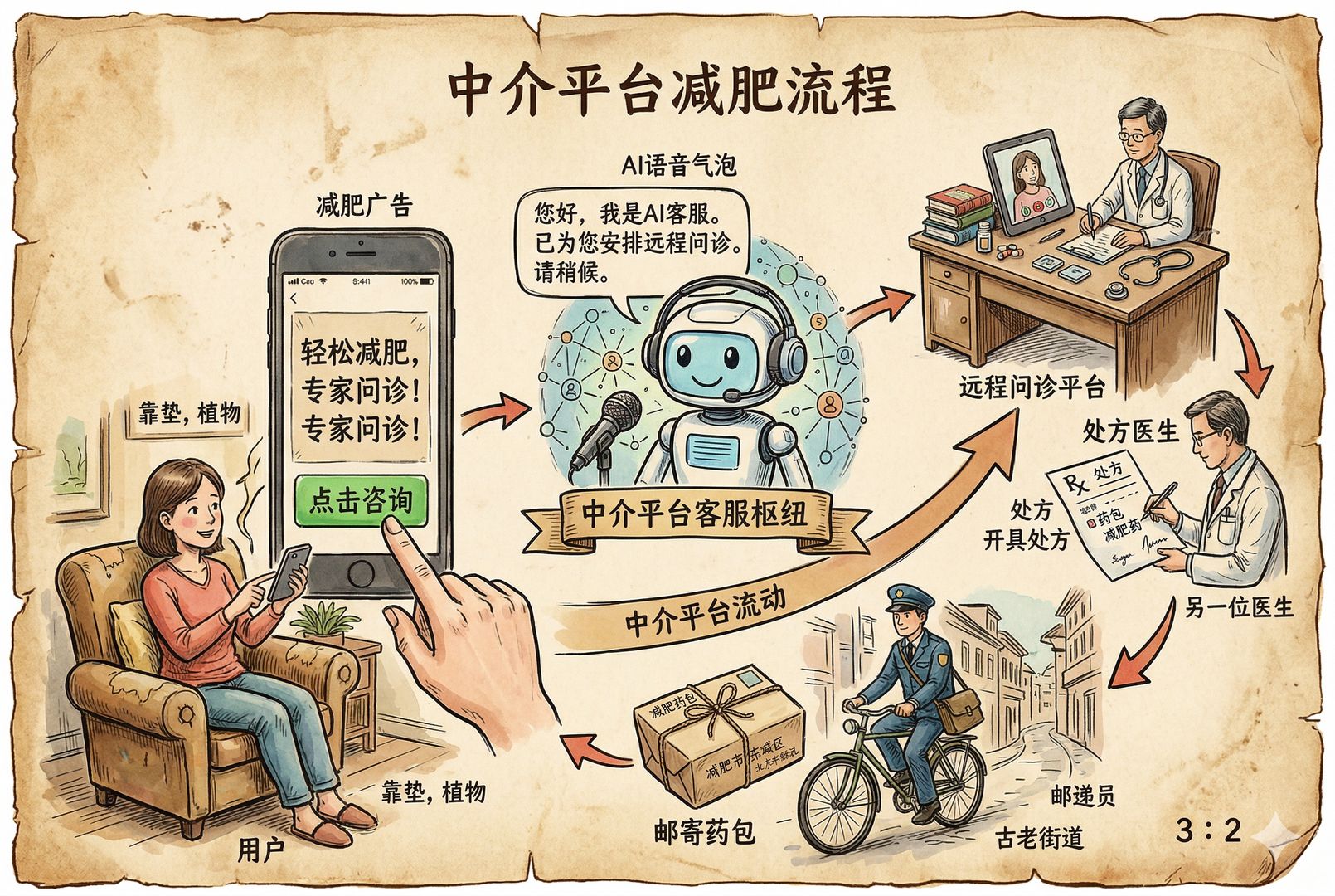 一幅分层流程图式场景，前景是用户在手机上点击减肥广告，中景是AI语音客服界面，后景依次连接远程问诊平台、处方医生和邮寄药包，清楚表现“中介平台”本质，羊皮纸，钢笔彩色手绘的统一风格。