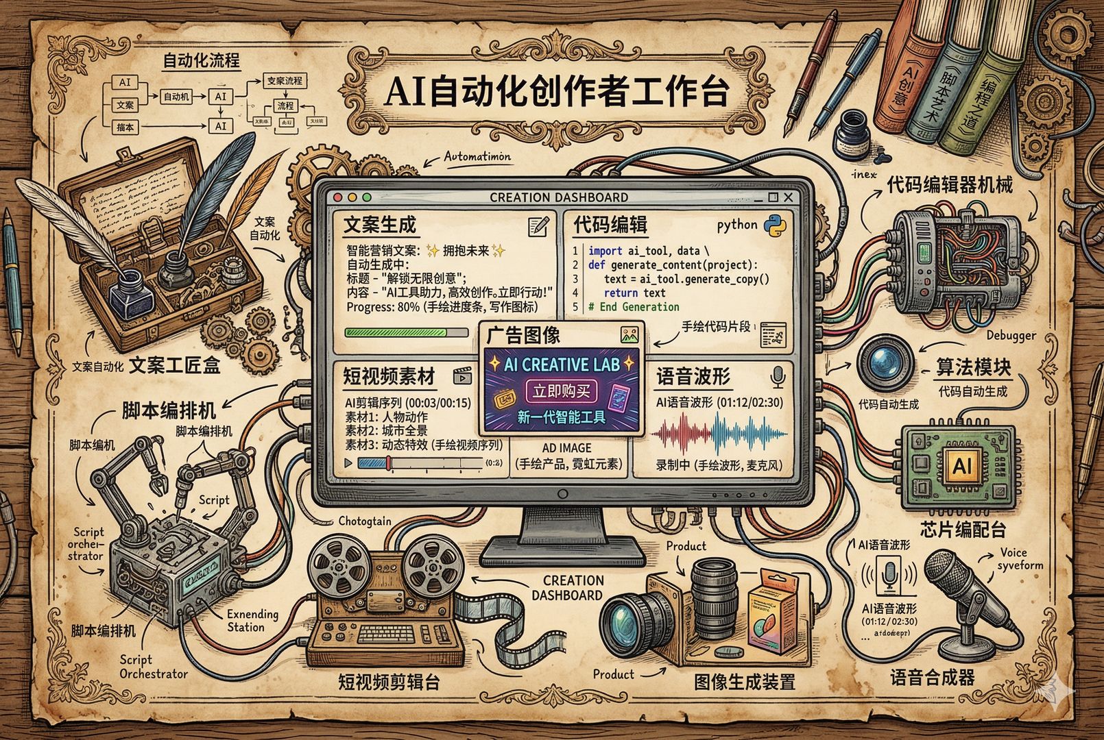一张创作者工作台俯视图，屏幕上分别呈现文案生成、代码编辑、广告图像、短视频素材和语音波形，多种AI工具像工匠器械一样排开，体现自动化编排的密集感，羊皮纸，钢笔彩色手绘的统一风格。