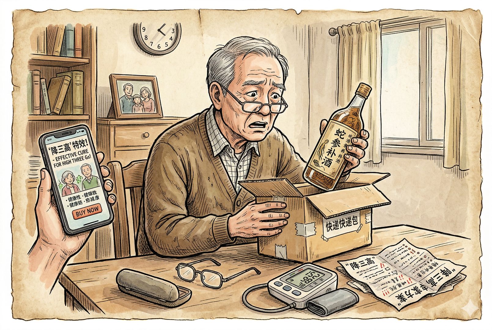 一位老人在手机上看到“降三高”广告后拿着快递包裹回家，拆开却发现是一瓶药酒，桌上放着眼镜、血压计和皱巴巴的宣传单，情绪从期待转为错愕，羊皮纸，钢笔彩色手绘的统一风格。