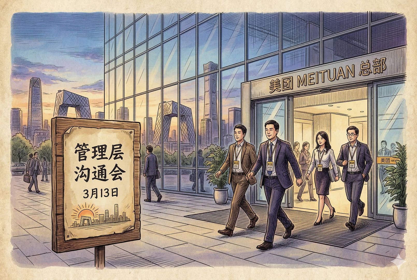 美团总部大楼外的清晨，玻璃幕墙映着城市天际线，门口有几位佩戴工牌的管理层匆匆进入，前景是一块写着“管理层沟通会 3月13日”的立式牌子，羊皮纸，钢笔彩色手绘的统一风格。