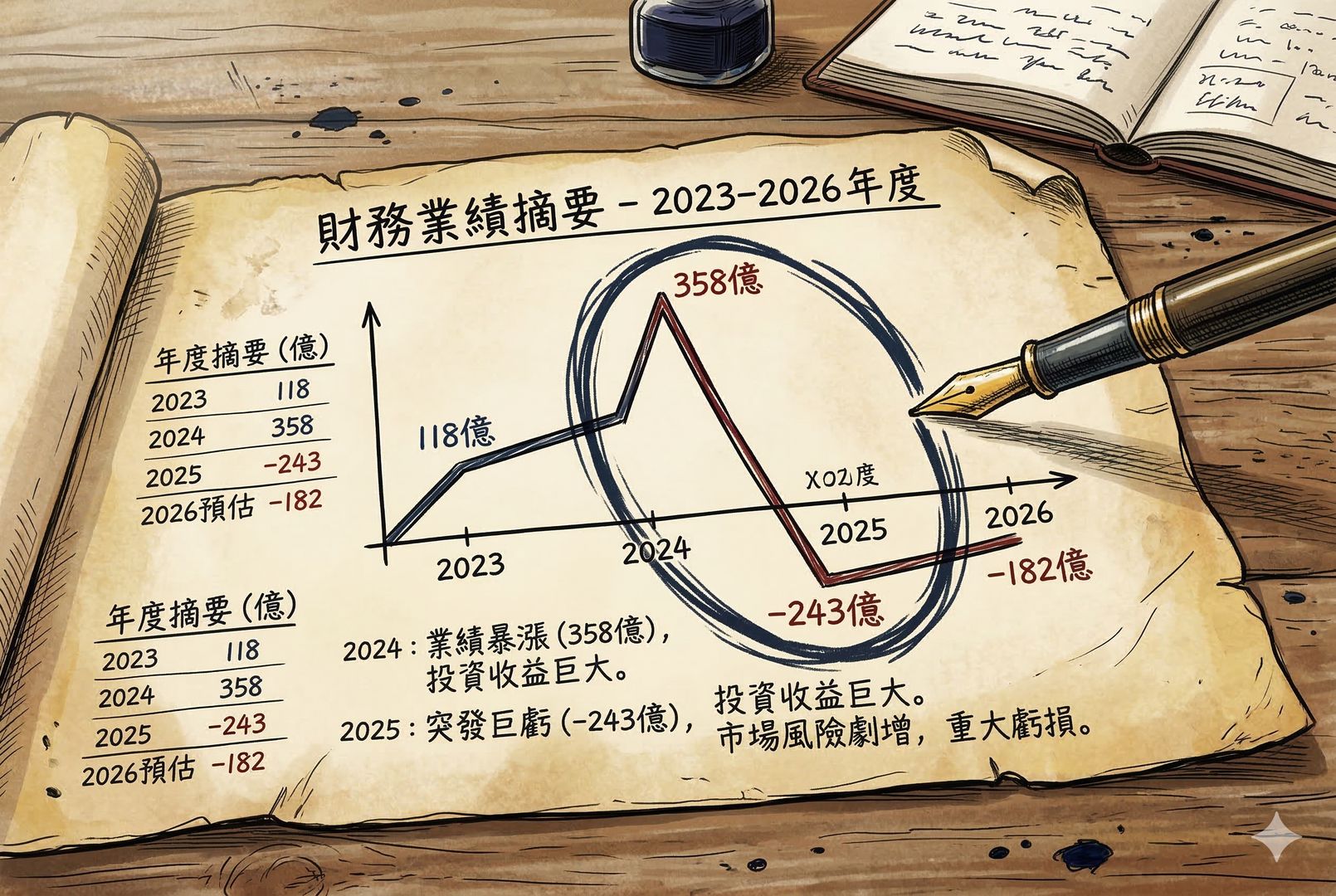 纸质财务报表摊在桌上，折线图在2024年猛然上扬标注“358亿”，到2025年骤然下探标注“-243亿”，旁边一支钢笔在关键拐点处画出醒目的圈，羊皮纸，钢笔彩色手绘的统一风格。