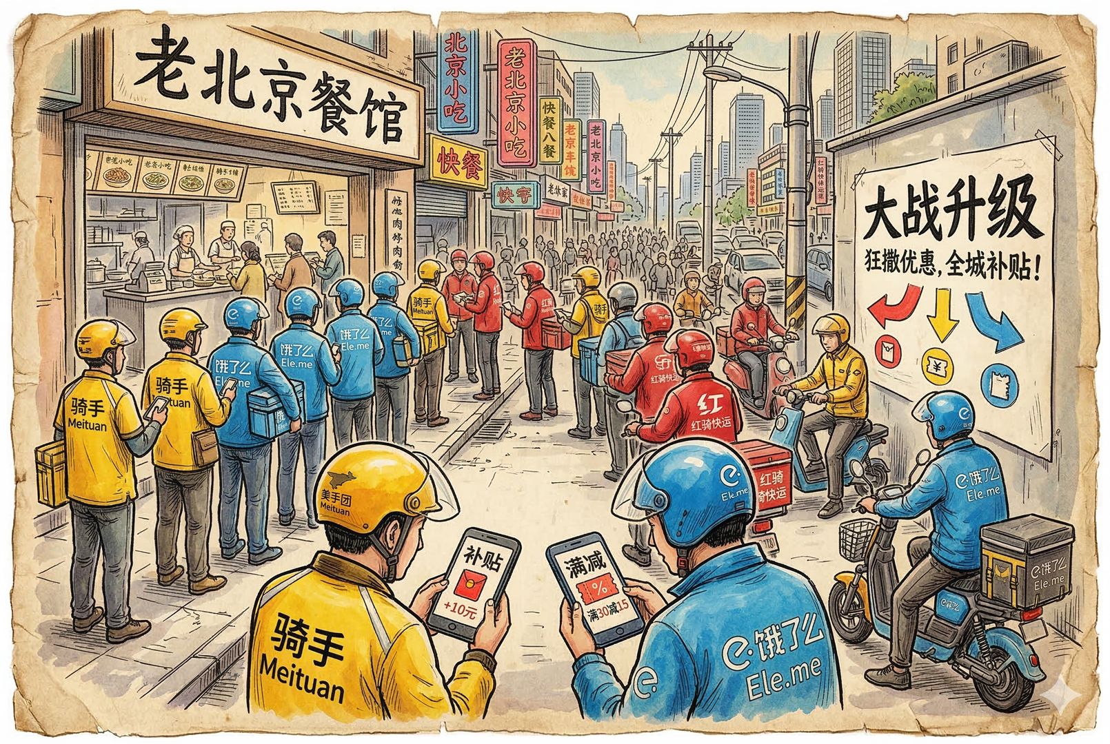 城市街头的外卖骑手群像视角，红黄蓝不同平台骑手在餐厅门口排队取餐，手机屏幕上闪着“补贴”“满减”标识，路边海报写着“大战升级”，羊皮纸，钢笔彩色手绘的统一风格。