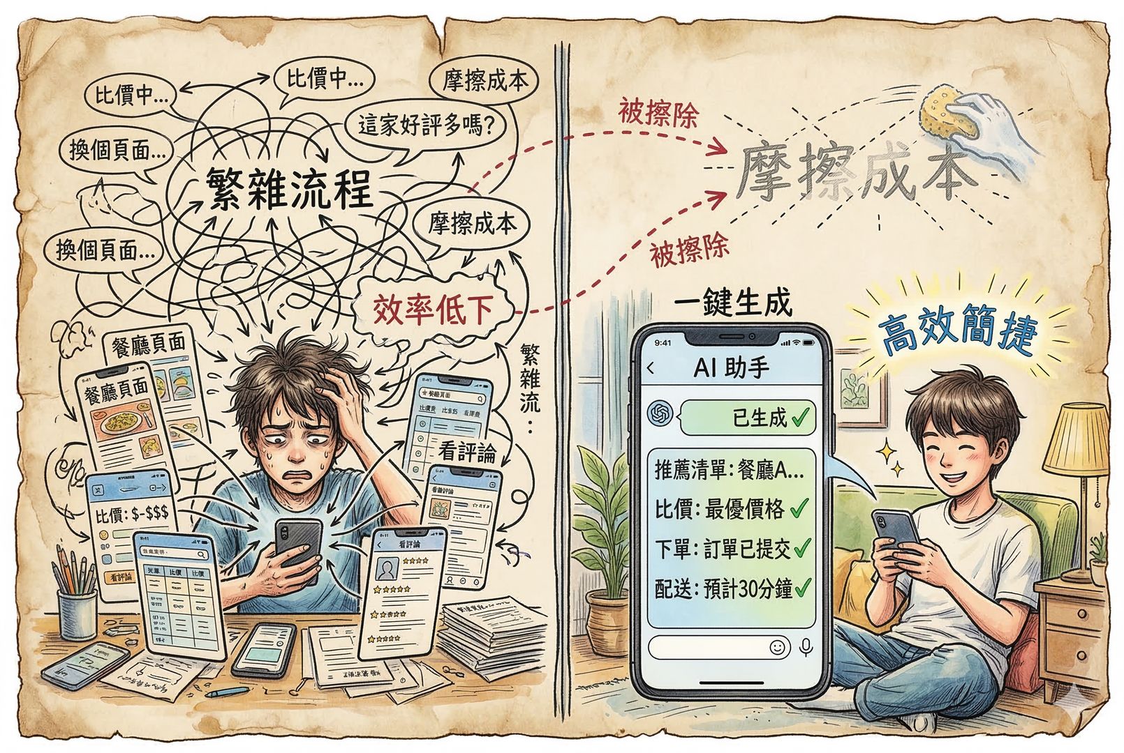 一幅对比式场景：左侧是用户在手机里反复切换餐厅页面、比价和看评论的繁杂流程，右侧是AI对话框一键生成“推荐-比价-下单-配送”清单并打勾，背景用细线标注“摩擦成本”被擦除，羊皮纸，钢笔彩色手绘的统一风格。