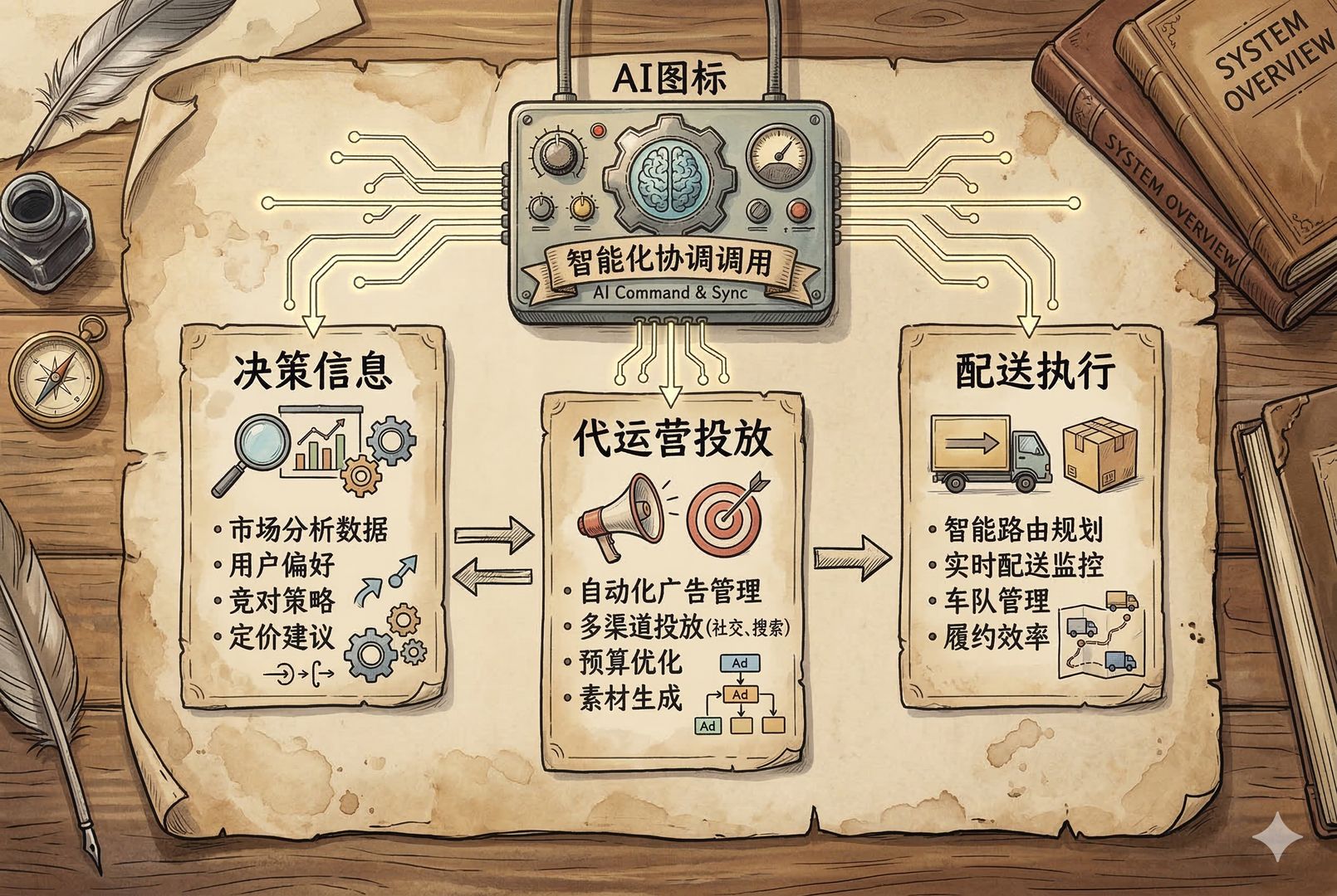 桌面上摆着三个清晰分隔的模块卡片，分别写着“决策信息”“代运营投放”“配送执行”，中间用箭头与接口线相连，旁边有一个小小的AI图标像指挥台一样协调调用，羊皮纸，钢笔彩色手绘的统一风格。
