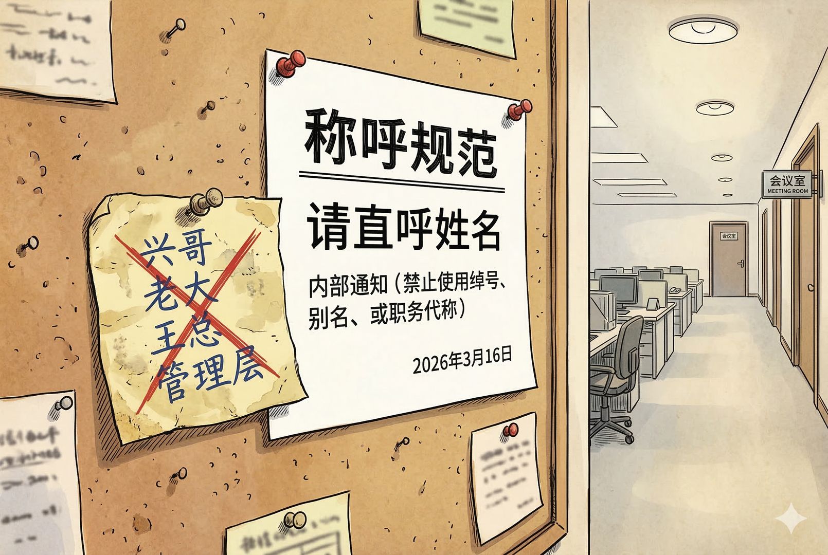办公区走廊的公告栏特写，一张新贴的内部通知写着“称呼规范：请直呼姓名”，旁边旧便签上隐约写着“兴哥/老大”等被红笔划掉，远处是安静的工位与关着的会议室门，羊皮纸，钢笔彩色手绘的统一风格。