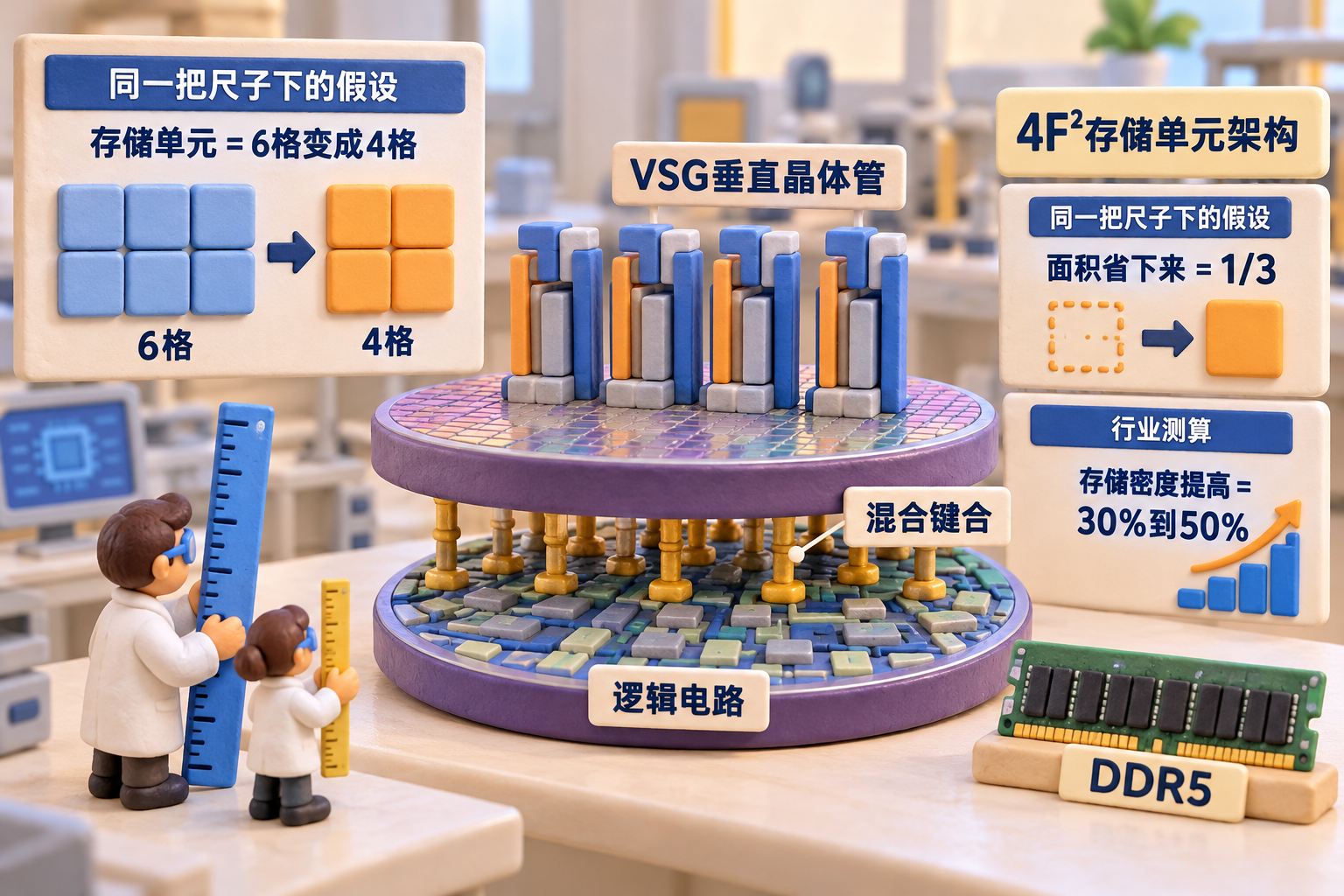 立体橡皮泥芯片实验室,前景两块厚实的晶圆模型分层摆放,上层竖立的VSG晶体管与下层逻辑电路通过混合键合相接;旁边用两把尺寸不同的微缩尺子提醒不同工厂的F不可直接相比,空间透视清晰