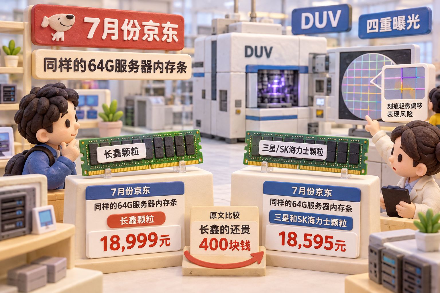浅色微缩电脑配件柜台,两根同为64G的橡皮泥服务器内存条分放两个价格台,背景是DUV多次曝光的工艺设备,刻痕轻微偏移以表现文中的风险;价格台分开,避免把零售价画成生产成本