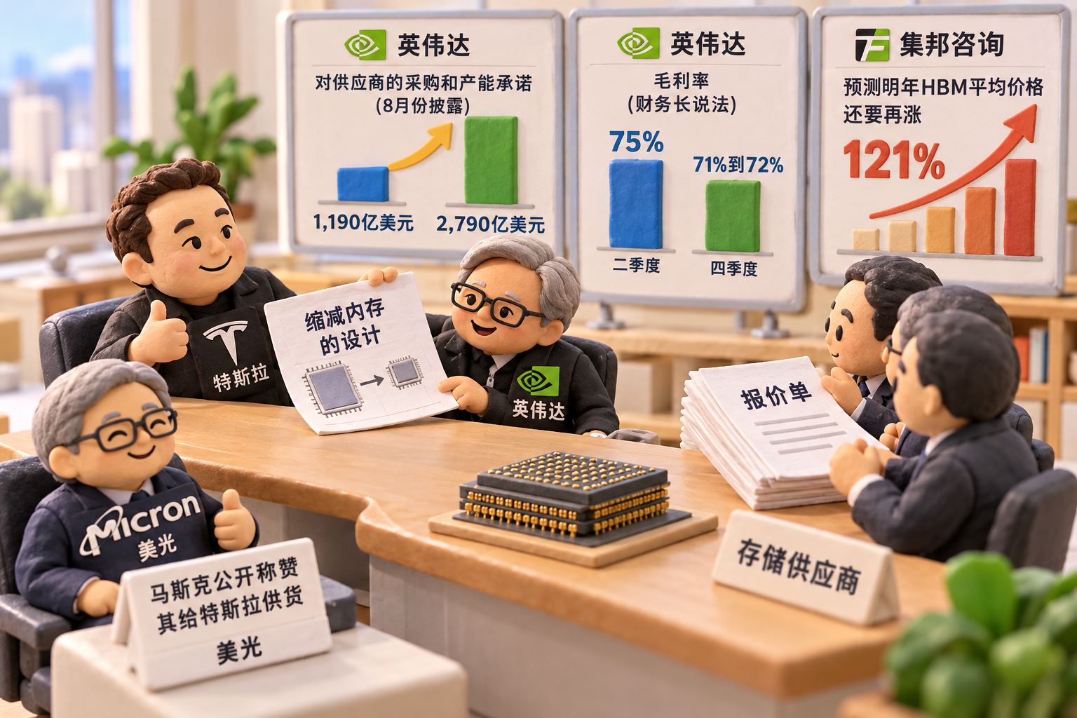 浅色微缩采购谈判桌,一侧是特斯拉与英伟达橡皮泥买家拿着缩减内存的设计纸,另一侧是存储供应商的报价单;美光被单独放在一边,体现马斯克公开称赞其给特斯拉供货,避免画成已证实的三星或SK海力士勒索
