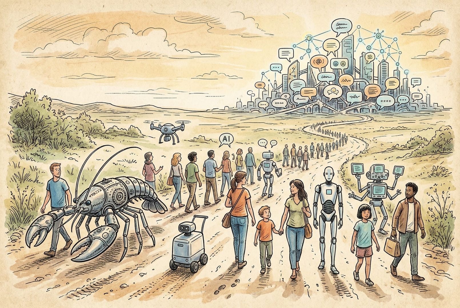 一条通向远方的长路上，人类与各式 AI agent、机械龙虾和服务机器人并肩前行，远处是由对话气泡和网络节点组成的未来城市，气氛开放而未定型，羊皮纸，钢笔彩色手绘的统一风格。