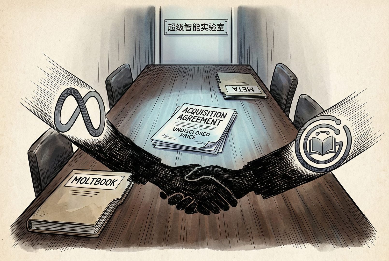 两家公司的文件夹放在长桌两端，中间是一份未公开金额的收购协议，Meta 标志与 Moltbook 标志隔着握手的影子相对，背景是实验室门牌“超级智能实验室”，羊皮纸，钢笔彩色手绘的统一风格。