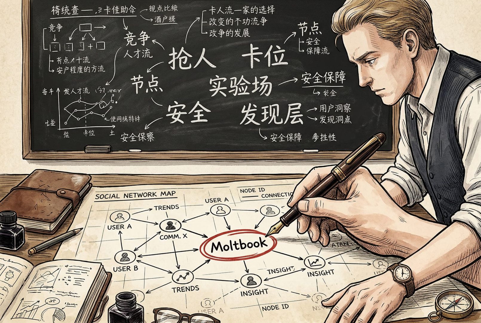 一块黑板上写满“抢人、卡位、实验场、安全、发现层”五个关键词，前景是一位研究员用钢笔在社交网络地图上圈出 Moltbook 节点，像在制定战略，羊皮纸，钢笔彩色手绘的统一风格。