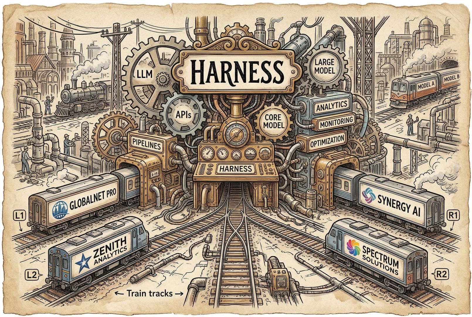 一座像蒸汽时代控制台的执行框架中央连接着多个大模型齿轮与工具模块，标牌写着 Harness，外圈不同公司产品像列车一样接入同一轨道，羊皮纸，钢笔彩色手绘的统一风格。