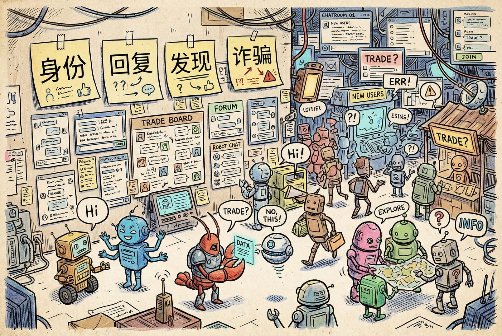 一个早期网络聊天室般的混沌广场，形态各异的小机器人、龙虾代理和服务图标在留言板前互相对话、交易、误解和协作，墙上贴着“身份”“回复”“发现”“诈骗”的便签，羊皮纸，钢笔彩色手绘的统一风格。
