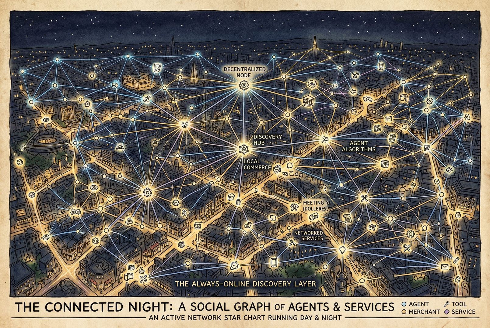 一张夜间城市地图被画成社交图谱，发光节点不是人而是 agent、商家、工具和服务，细线不断连接成“永远在线的发现层”，像一张昼夜不停运转的网络星图，羊皮纸，钢笔彩色手绘的统一风格。