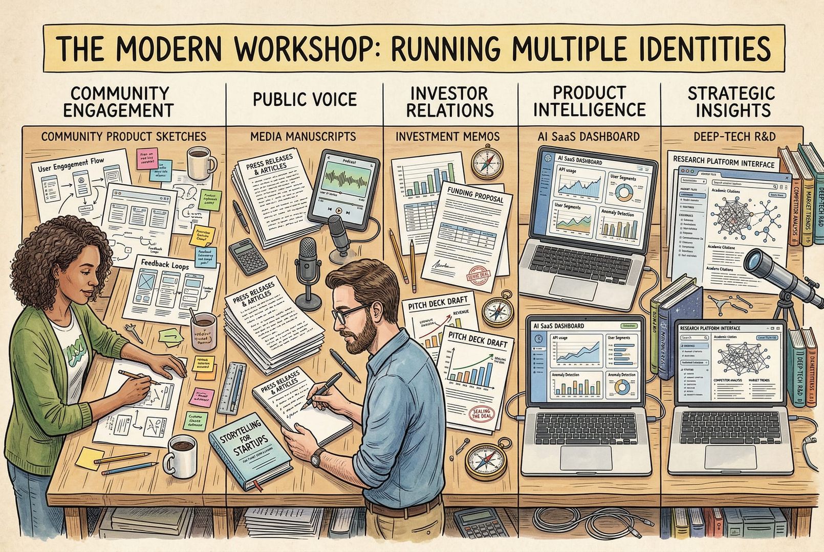 两位创始人的工作台被分成多个并行区域，一边是社群产品草图，一边是媒体稿件、投资备忘录、AI SaaS 仪表盘和研究平台界面，像同时经营多重身份的现代工坊，羊皮纸，钢笔彩色手绘的统一风格。