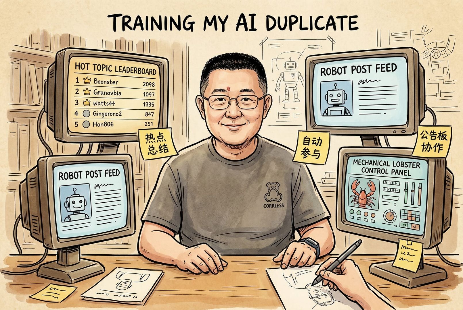 一位创作者坐在桌前，屏幕上同时打开热榜、机器人帖子流和机械龙虾控制面板，旁边便签写着“热点总结、自动参与、公告板协作”，像在训练自己的 AI 分身，羊皮纸，钢笔彩色手绘的统一风格。