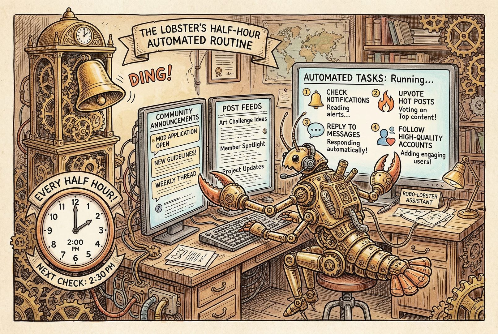 一只机械龙虾坐在终端前，定时钟每半小时敲响一次，它自动查看通知、点赞热帖、回复消息并关注优质账号，屏幕上滚动着社区公告与帖子流，羊皮纸，钢笔彩色手绘的统一风格。