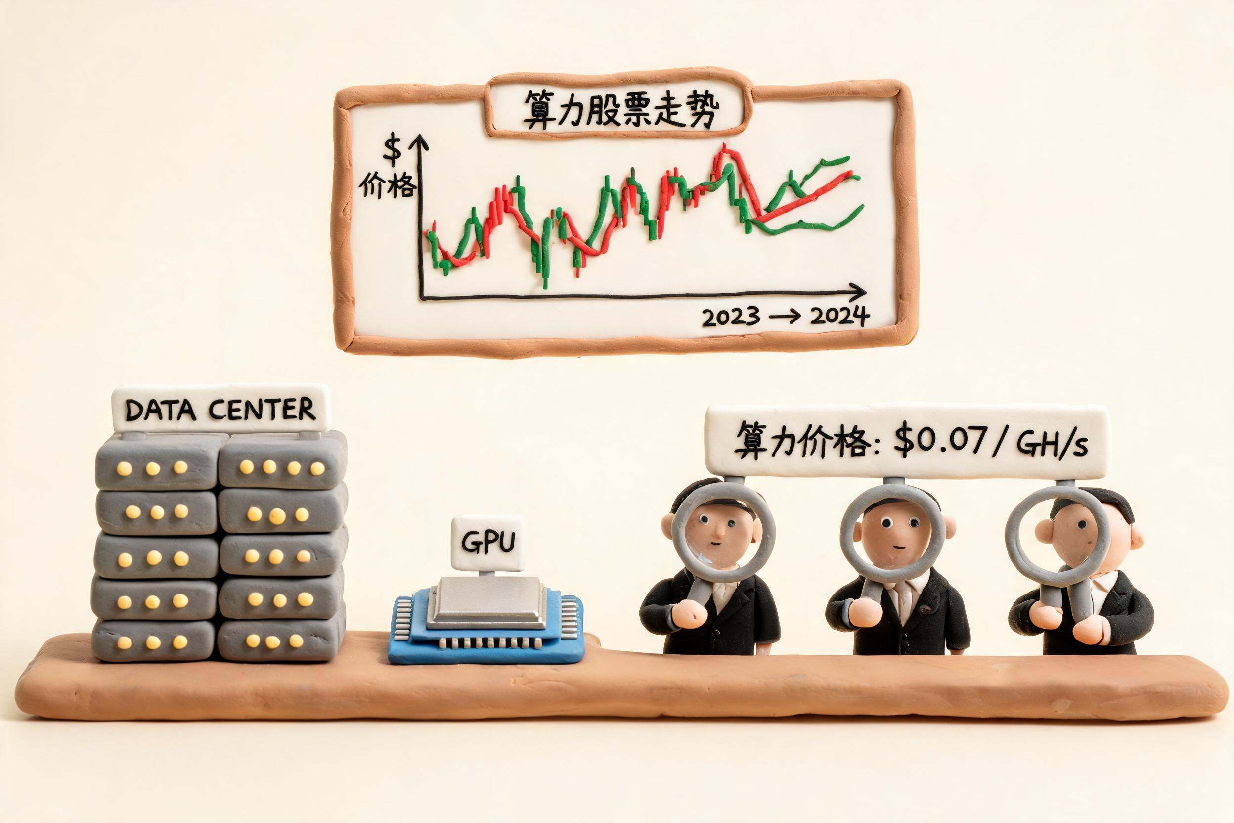 巨大的数据中心、GPU芯片和股票行情线被摆在同一张交易桌上，几位投资人用放大镜观察算力价格标签，浅色背景的商业评论版橡皮泥平面信息图的统一风格。