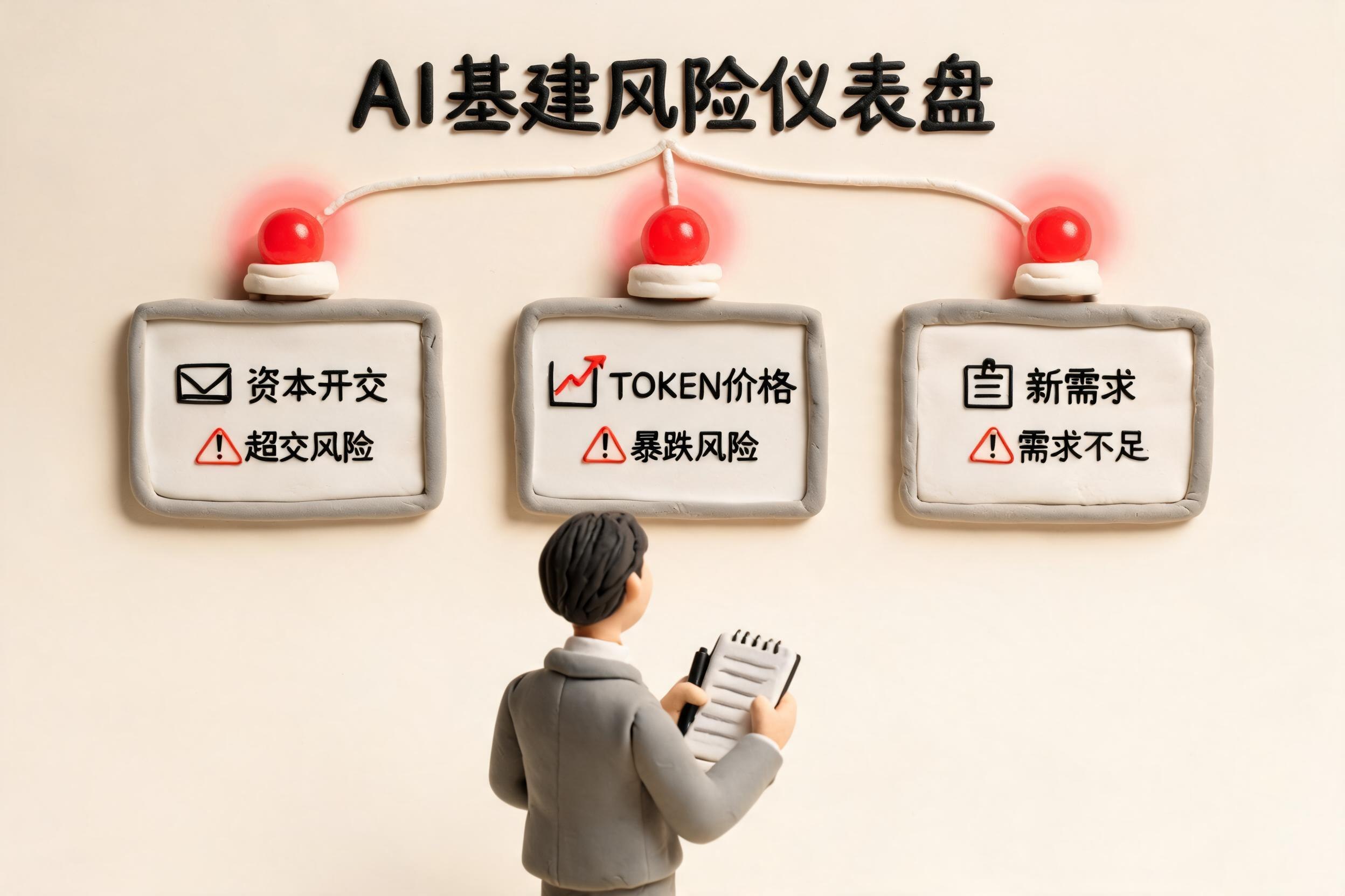 一个AI基建风险仪表盘亮起三盏警示灯，分别连接资本开支、TOKEN价格和新需求三块面板，投资人站在仪表盘前准备记录信号，浅色背景的商业评论版橡皮泥平面信息图的统一风格。