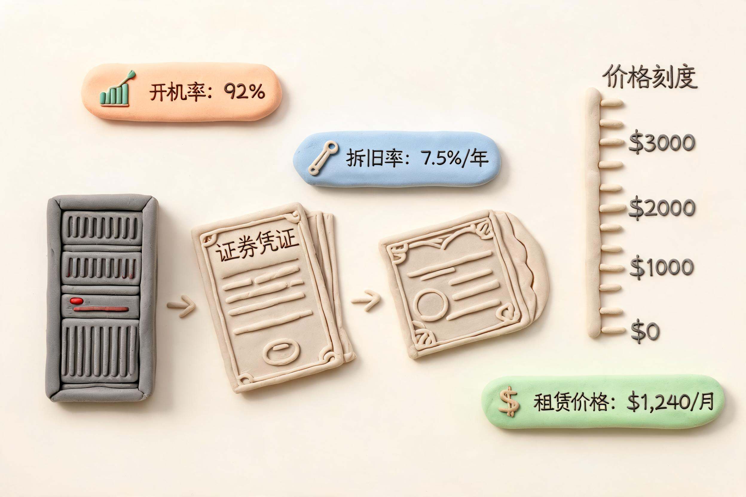 一排服务器机柜逐渐变形成可交易的证券凭证和价格刻度尺，旁边标注开机率、折旧和租赁价格，浅色背景的商业评论版橡皮泥平面信息图的统一风格。