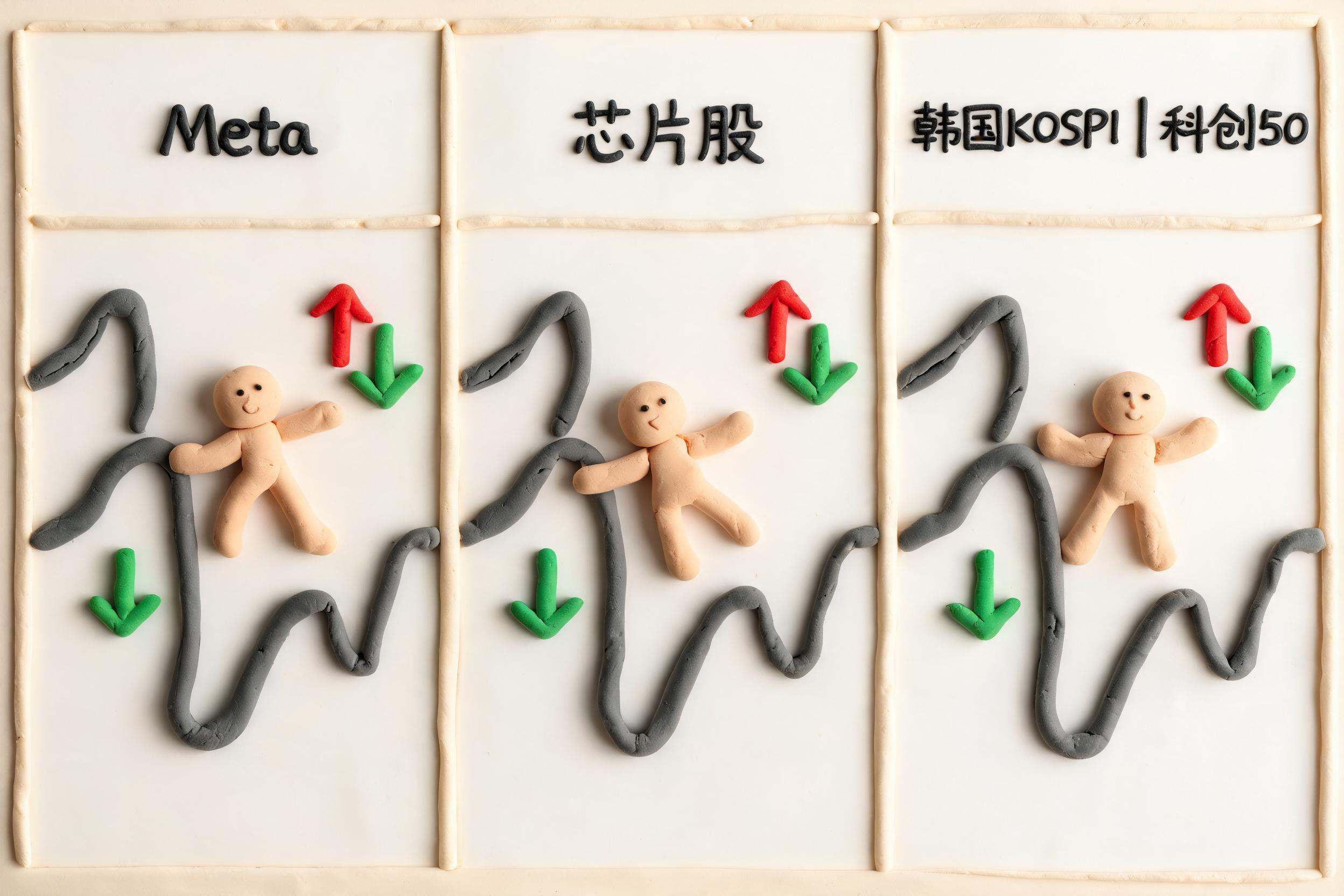 三条日期轨道并排展示Meta、芯片股、韩国KOSPI和科创50的上下箭头，市场参与者被波浪形行情线来回甩动，浅色背景的商业评论版橡皮泥平面信息图的统一风格。