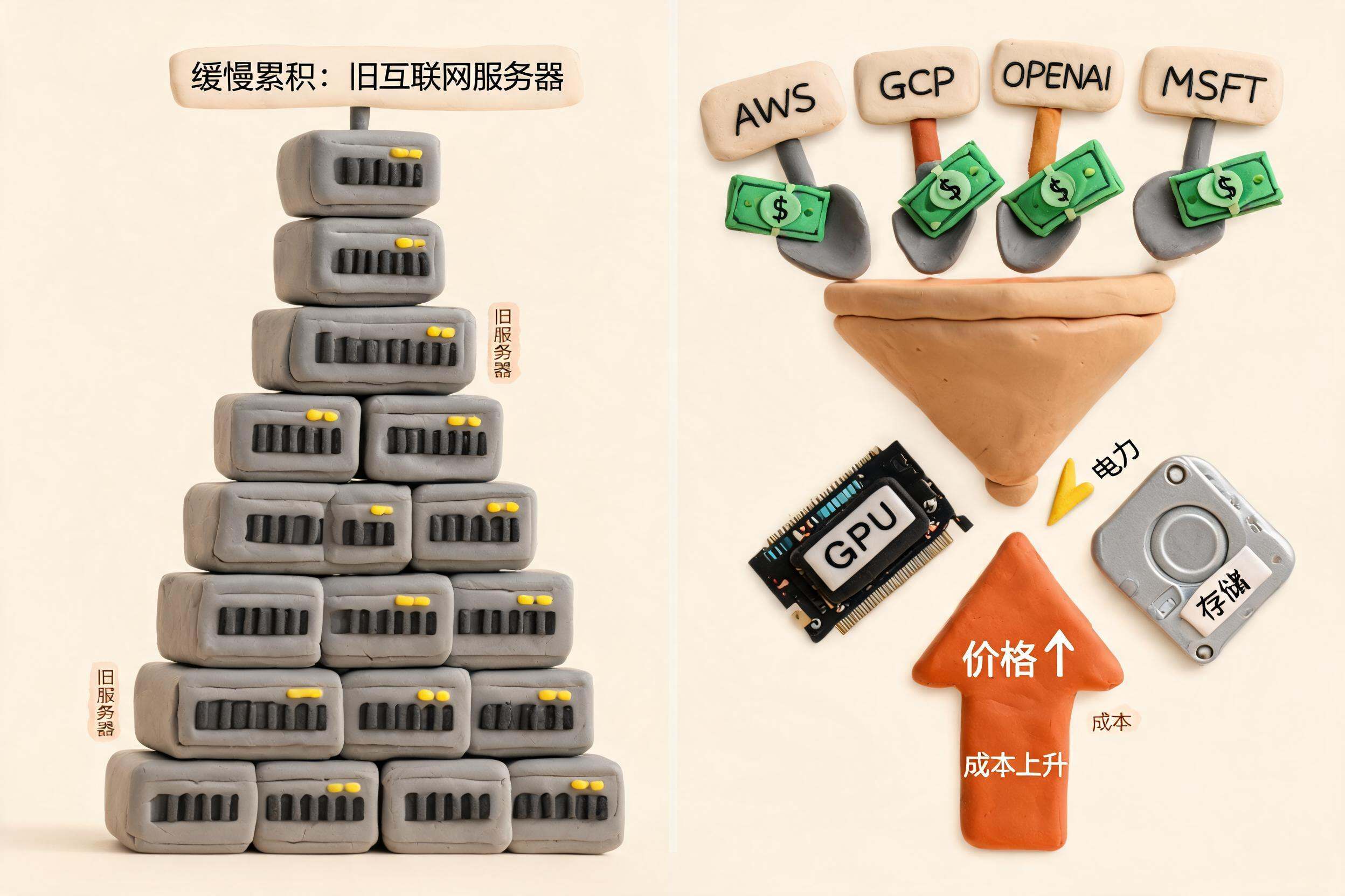 左侧是缓慢累积的旧互联网服务器积木塔，右侧是多家公司同时把现金铲进GPU、电力和存储采购漏斗，形成价格上升箭头，浅色背景的商业评论版橡皮泥平面信息图的统一风格。