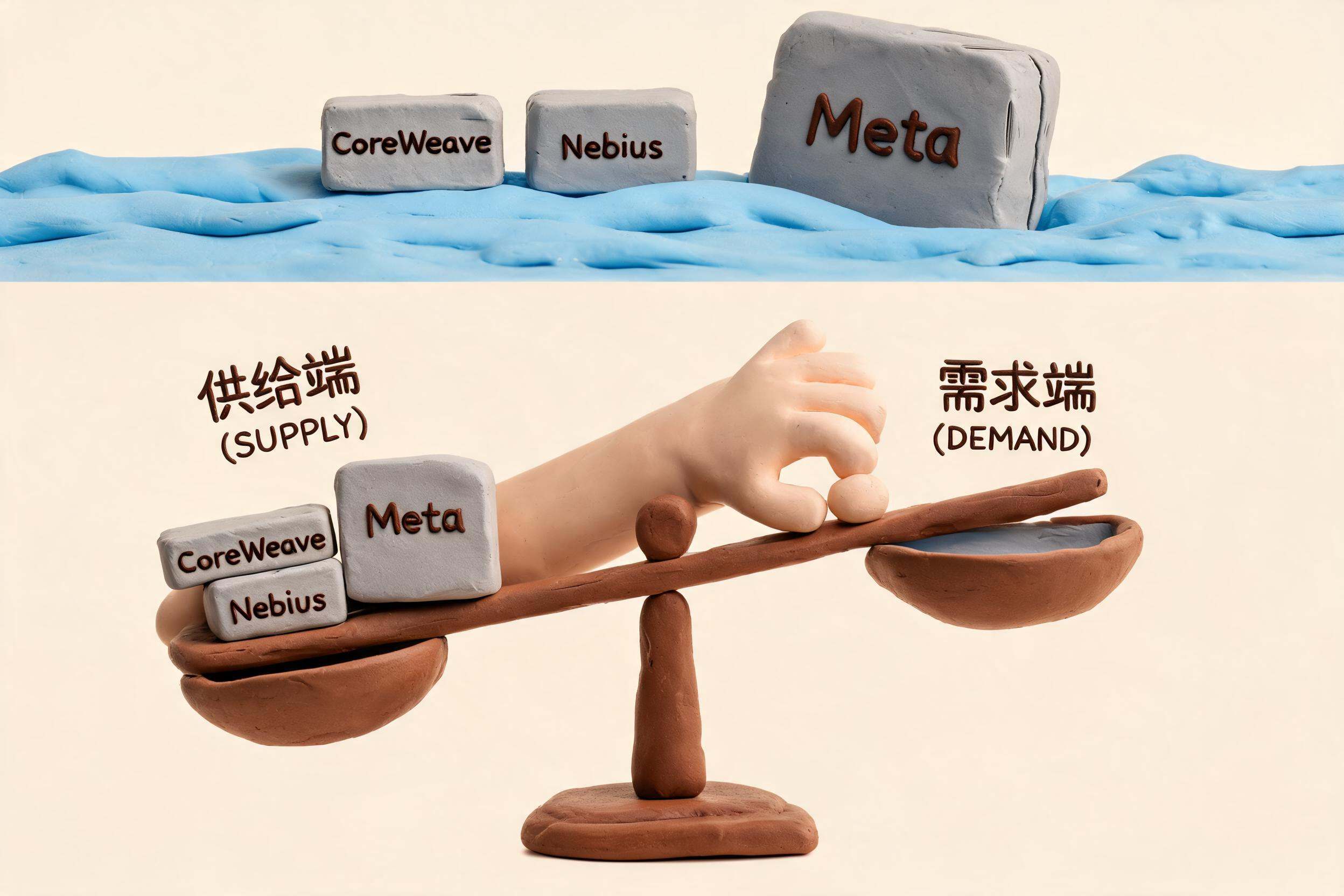 冰山海面上露出CoreWeave和Nebius两小块算力筹码，Meta又推来一大块新筹码，投资人手中的天平向供给端倾斜，浅色背景的商业评论版橡皮泥平面信息图的统一风格。