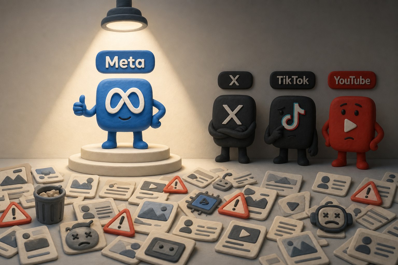  聚光灯照在 Meta 角色身上，旁边 X、TikTok、YouTube 平台角色站在半暗处，地面散落 AI 垃圾内容卡片，浅色背景的商业评论版橡皮泥平面信息图的统一风格。