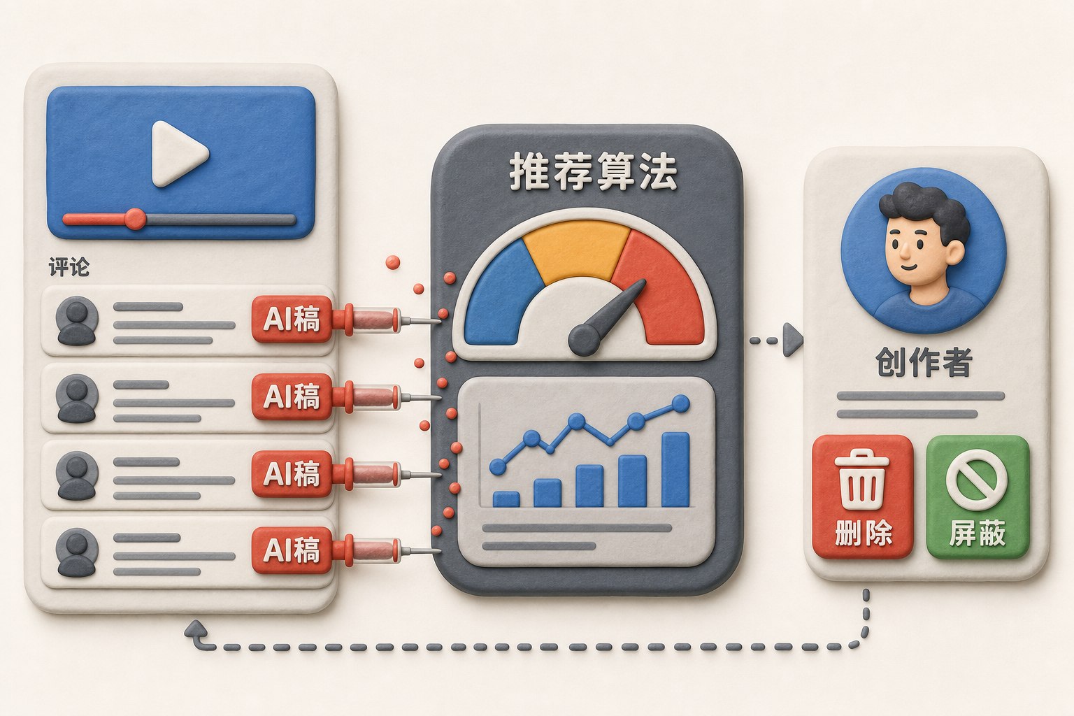 视频评论区里一排“AI 稿”标签像小毒针扎向推荐算法仪表盘，创作者账号旁边出现删除和屏蔽按钮，浅色背景的商业评论版橡皮泥平面信息图的统一风格。