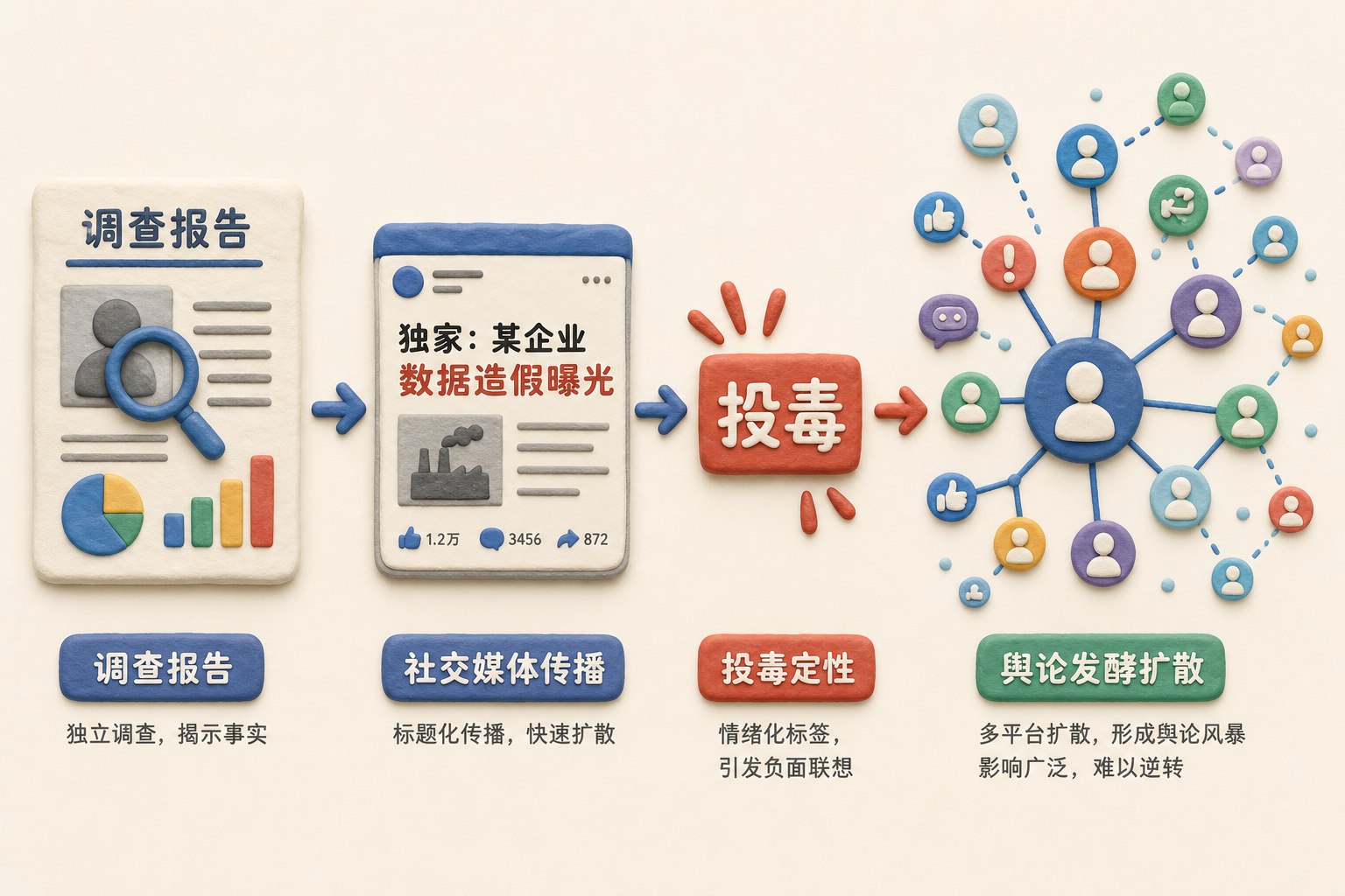 一篇调查报道、一个社交媒体标题和中文热词“投毒”依次变成传播链路，箭头指向快速扩散的舆论网络，浅色背景的商业评论版橡皮泥平面信息图的统一风格。