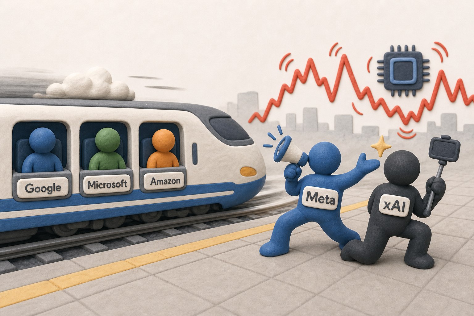 科技巨头赛道上谷歌、微软、亚马逊已坐上头班车，Meta 和 xAI 在站台用夸张动作吸引镜头，远处芯片股曲线被震动，浅色背景的商业评论版橡皮泥平面信息图的统一风格。