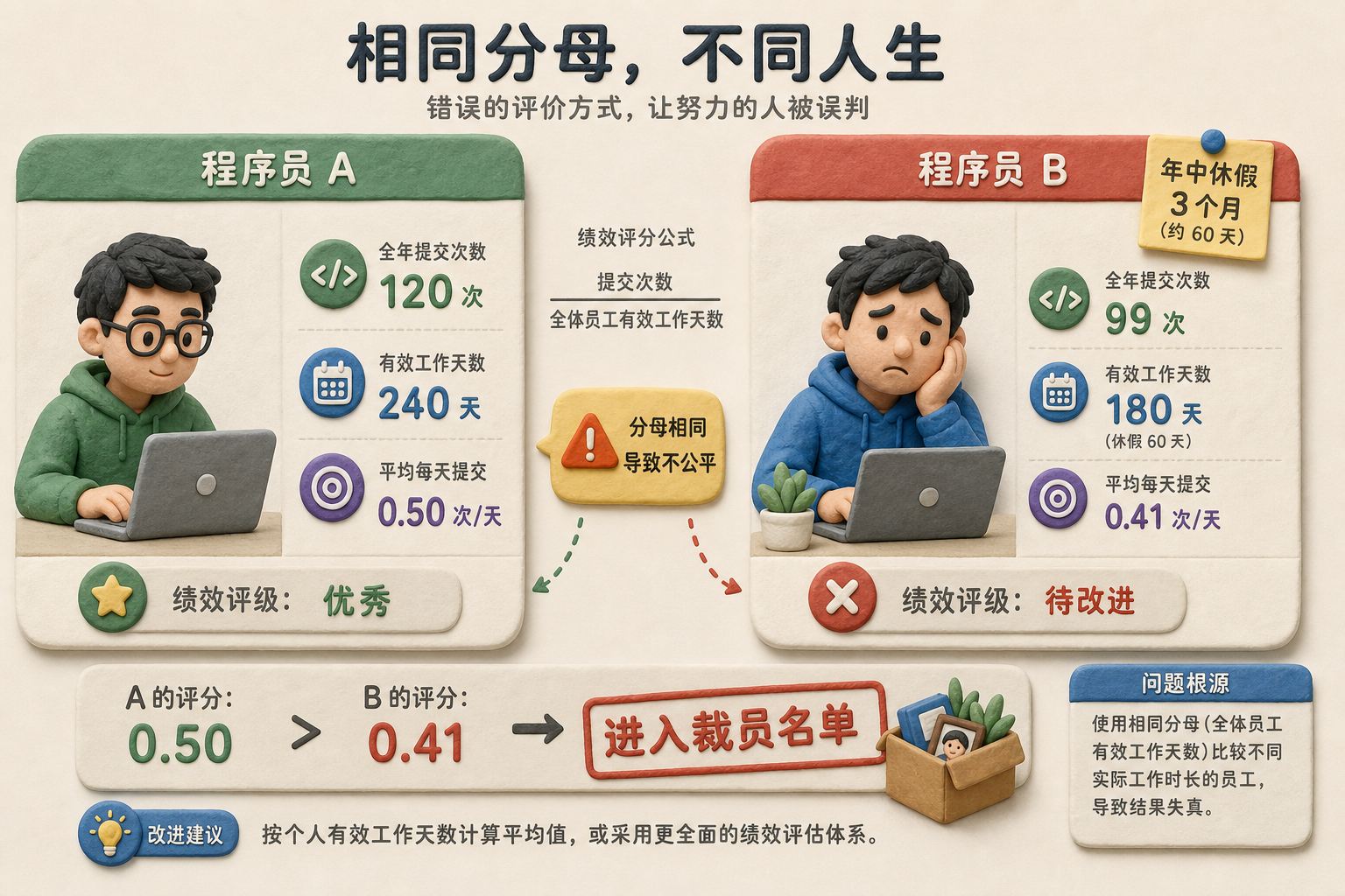 两名程序员的绩效卡片并排对比,一人全年120次提交,另一人休假三个月后99次提交,错误分母把后者推入裁员名单,浅色背景的商业评论版橡皮泥平面信息图的统一风格。