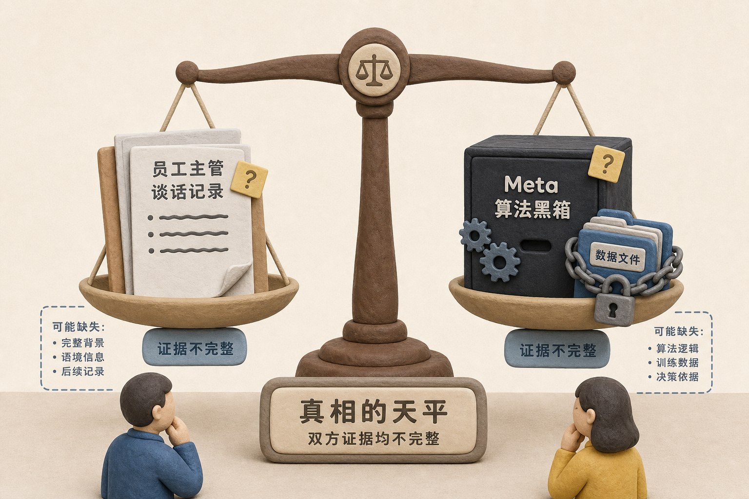 法庭天平一端放着员工主管谈话记录,另一端放着Meta算法黑箱与锁住的数据文件,双方证据都不完整,浅色背景的商业评论版橡皮泥平面信息图的统一风格。