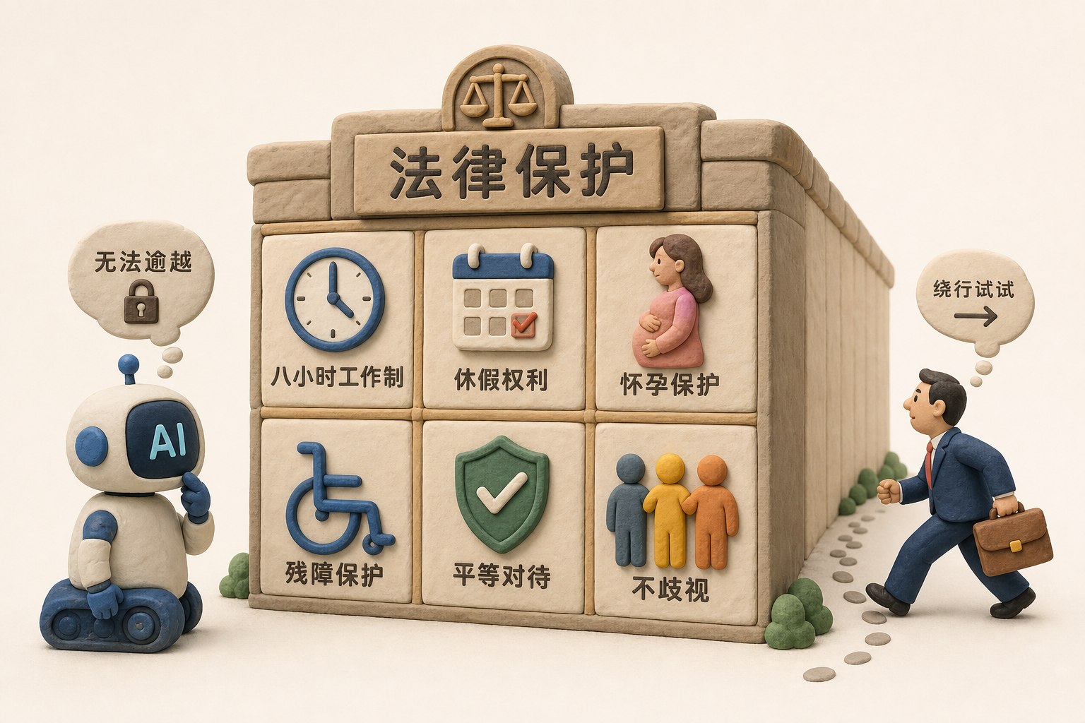 一面由八小时工作制休假怀孕与残障保护图标砌成的法律高墙,AI工具停在墙前而管理者试图绕行,浅色背景的商业评论版橡皮泥平面信息图的统一风格。