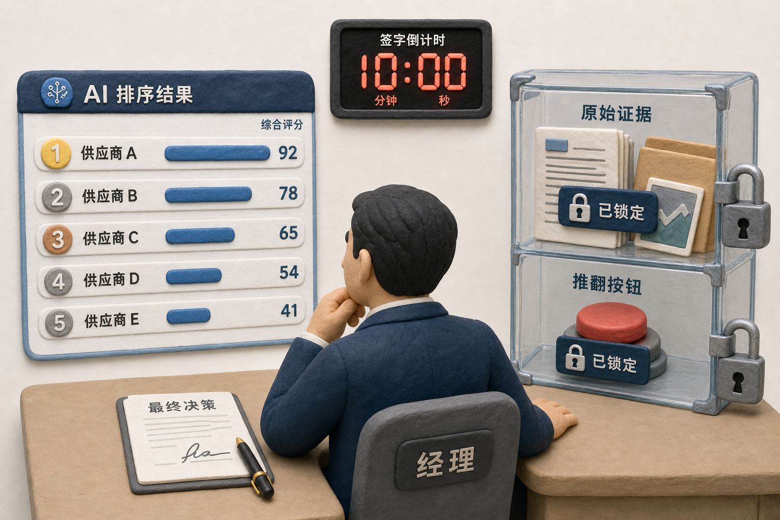 一名经理坐在倒计时十分钟的签字桌前,面前只有AI排序结果,原始证据和推翻按钮被锁在透明柜中,浅色背景的商业评论版橡皮泥平面信息图的统一风格。