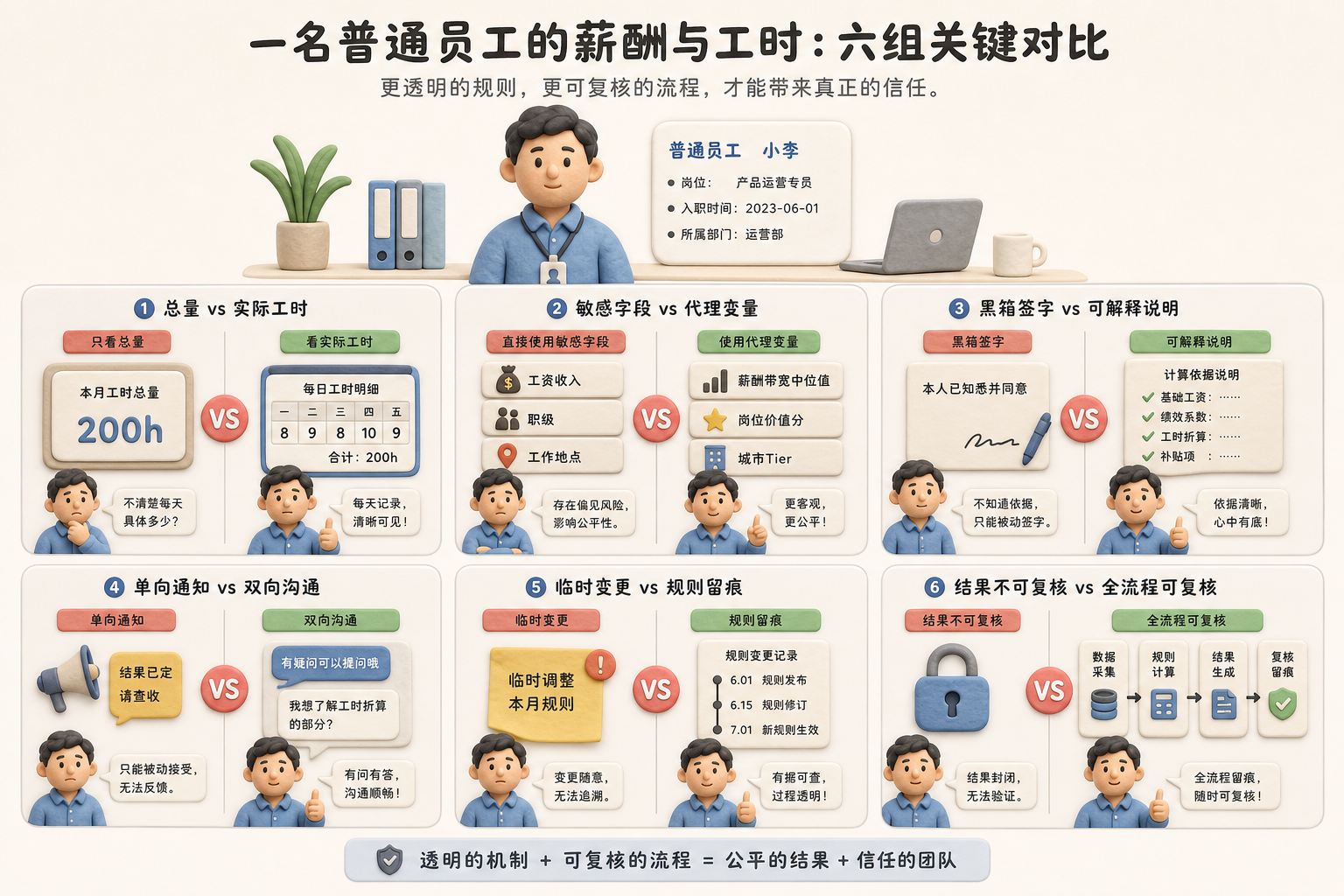 六组对比卡片围绕一名普通员工展开,分别呈现总量与实际工时敏感字段与代理变量黑箱签字与可复核流程,浅色背景的商业评论版橡皮泥平面信息图的统一风格。