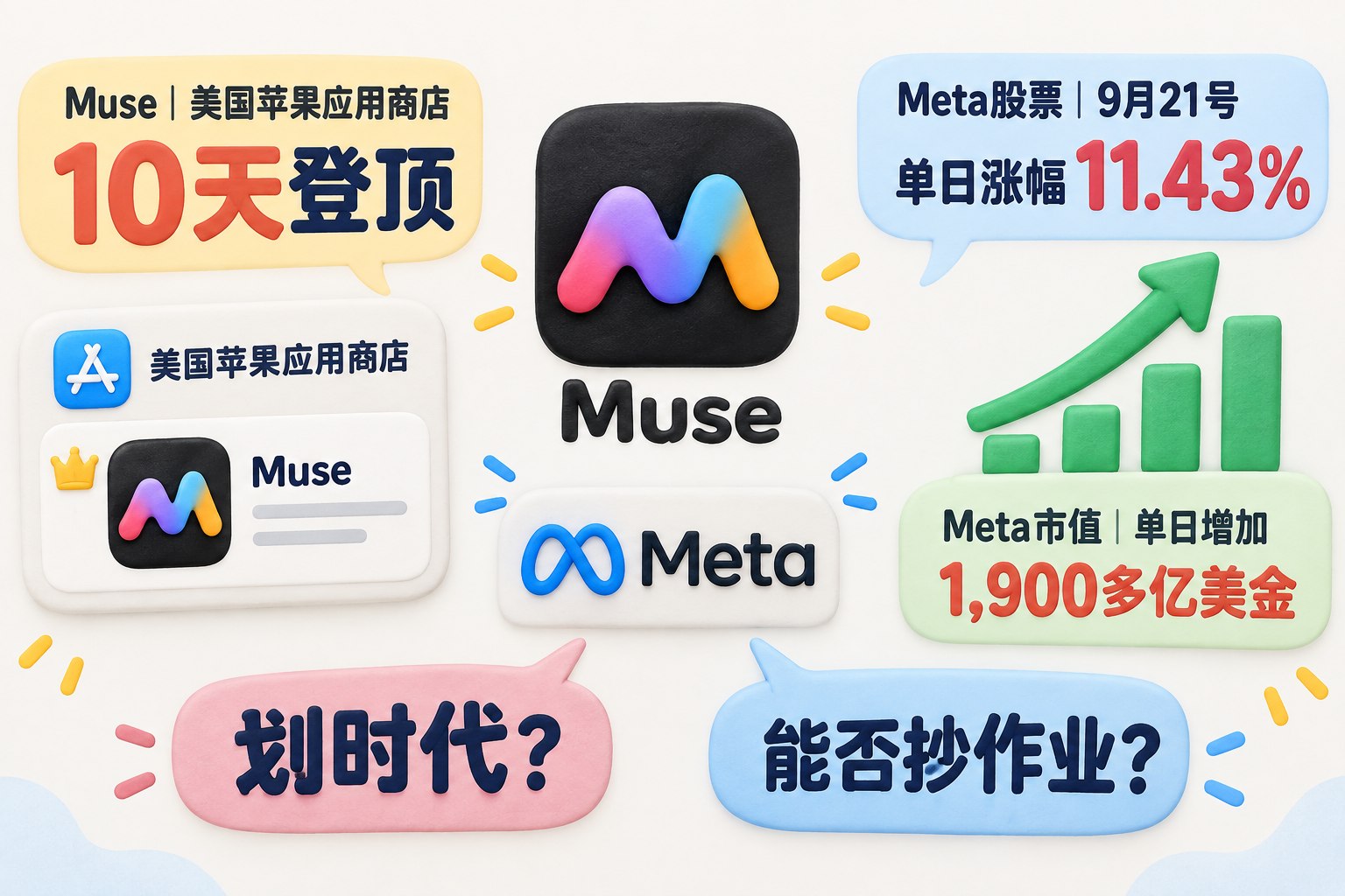 封面画面以Muse应用图标、Meta标识和美国苹果应用商店榜首卡片为中心,左侧呈现10天登顶,右侧呈现Meta股价上涨与市值增加,两条问题标签指向“划时代”与“能否抄作业”;可见事实元素:Muse、Meta、美国苹果应用商店、10天、9月21号、11.43%、1,900多亿美金