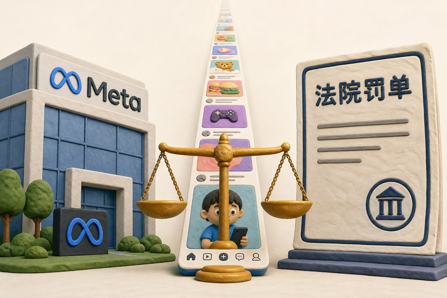 Meta办公楼与一张巨大但不显示金额的法院罚单正面对峙，儿童手机界面的无限下滑轨迹被法律天平截断，居中封面构图。不显示具体数值。只显示以上文字与数据，不补充其他数字、日期、比例、排名或因果关系。浅色背景的商业评论版橡皮泥平面信息图的统一风格。