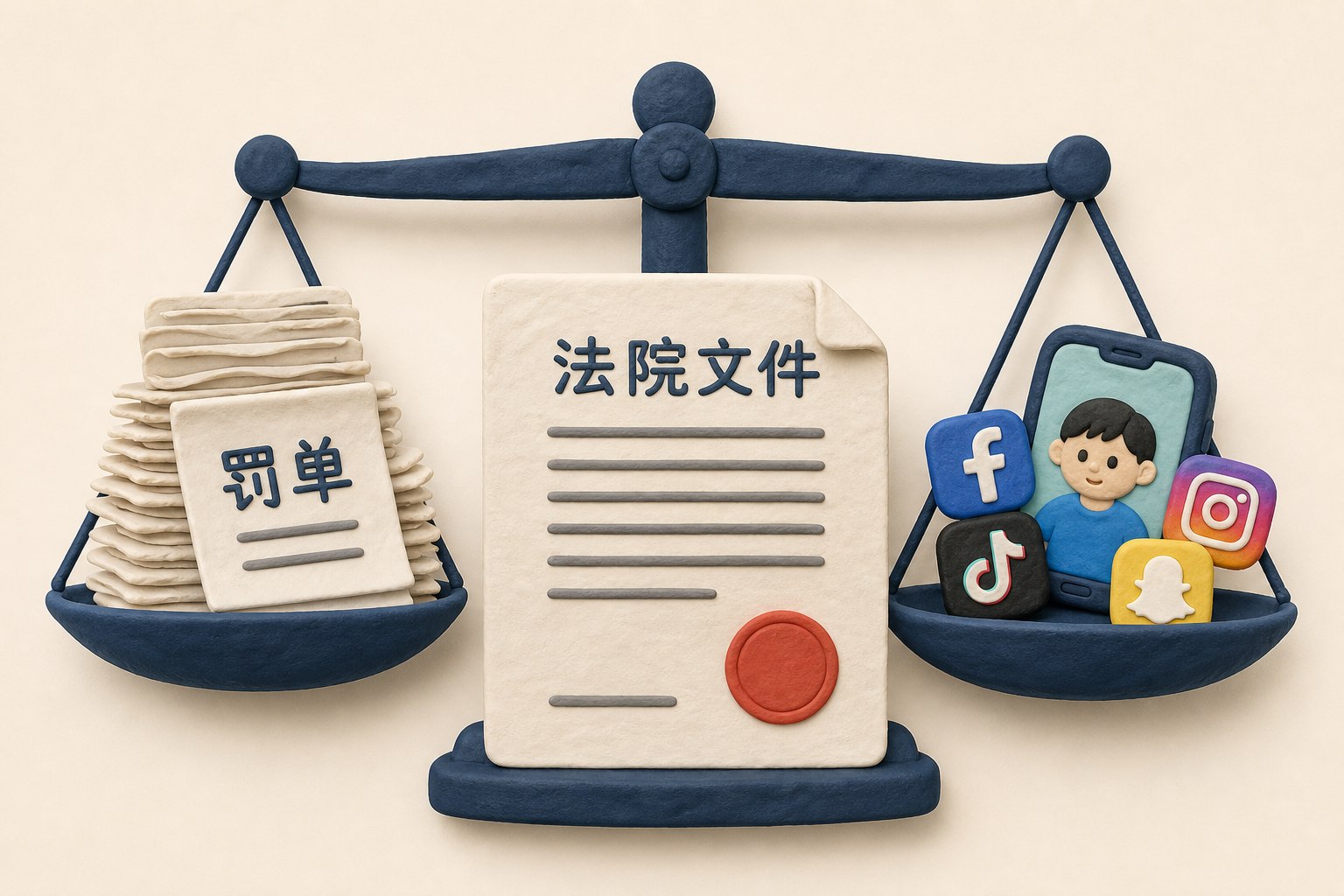 法律天平一侧是层层叠加的罚单纸张，另一侧是儿童手机与社交平台图标，法院文件在中间形成视觉焦点，不显示具体数值。只显示以上文字与数据，不补充其他数字、日期、比例、排名或因果关系。浅色背景的商业评论版橡皮泥平面信息图的统一风格。