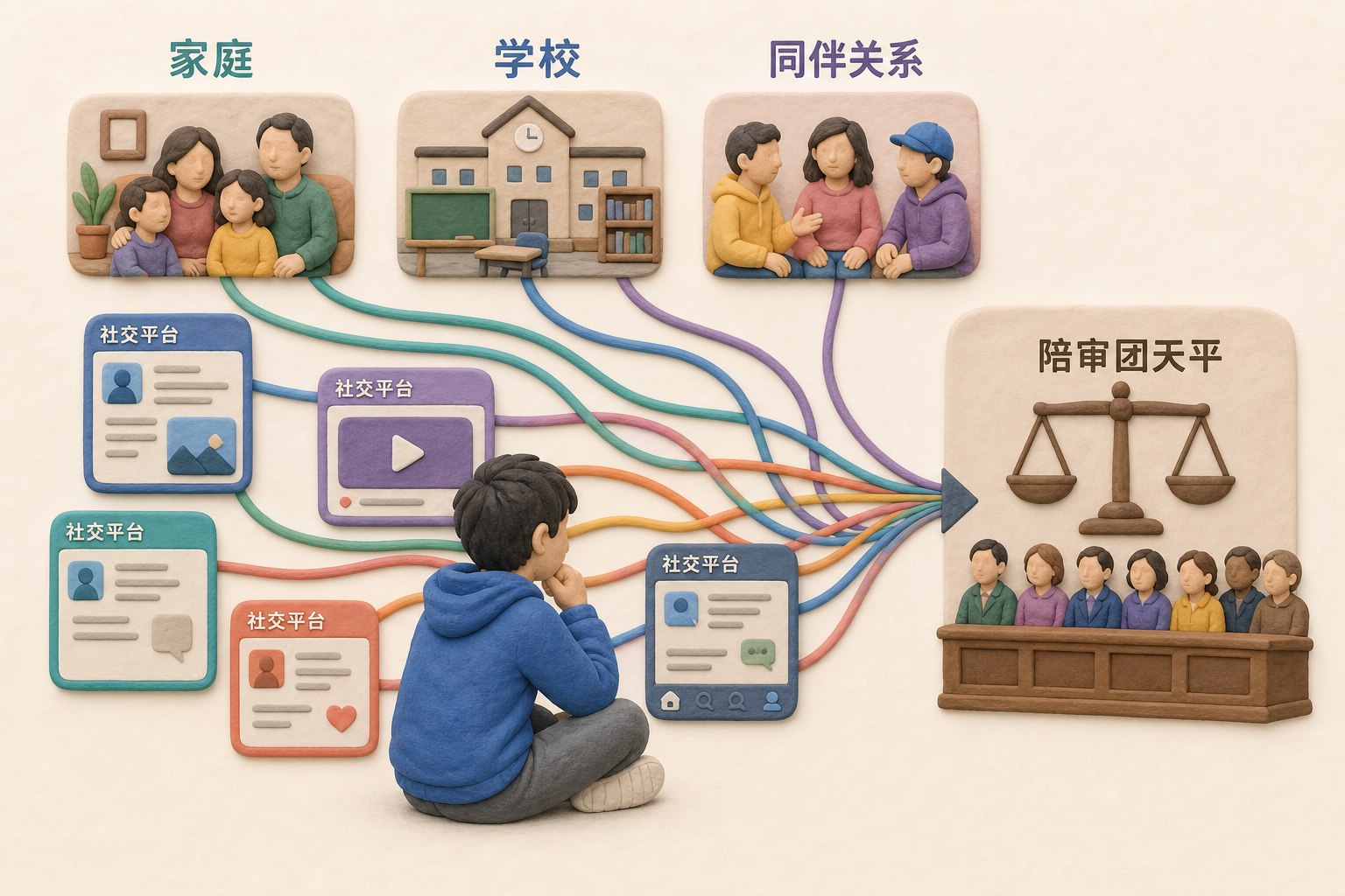 一名青少年坐在多块社交平台屏幕之间，家庭、学校与同伴关系化成多条线共同汇向陪审团天平，表现复杂归因而不判断单一因果。不显示具体数值。只显示以上文字与数据，不补充其他数字、日期、比例、排名或因果关系。浅色背景的商业评论版橡皮泥平面信息图的统一风格。