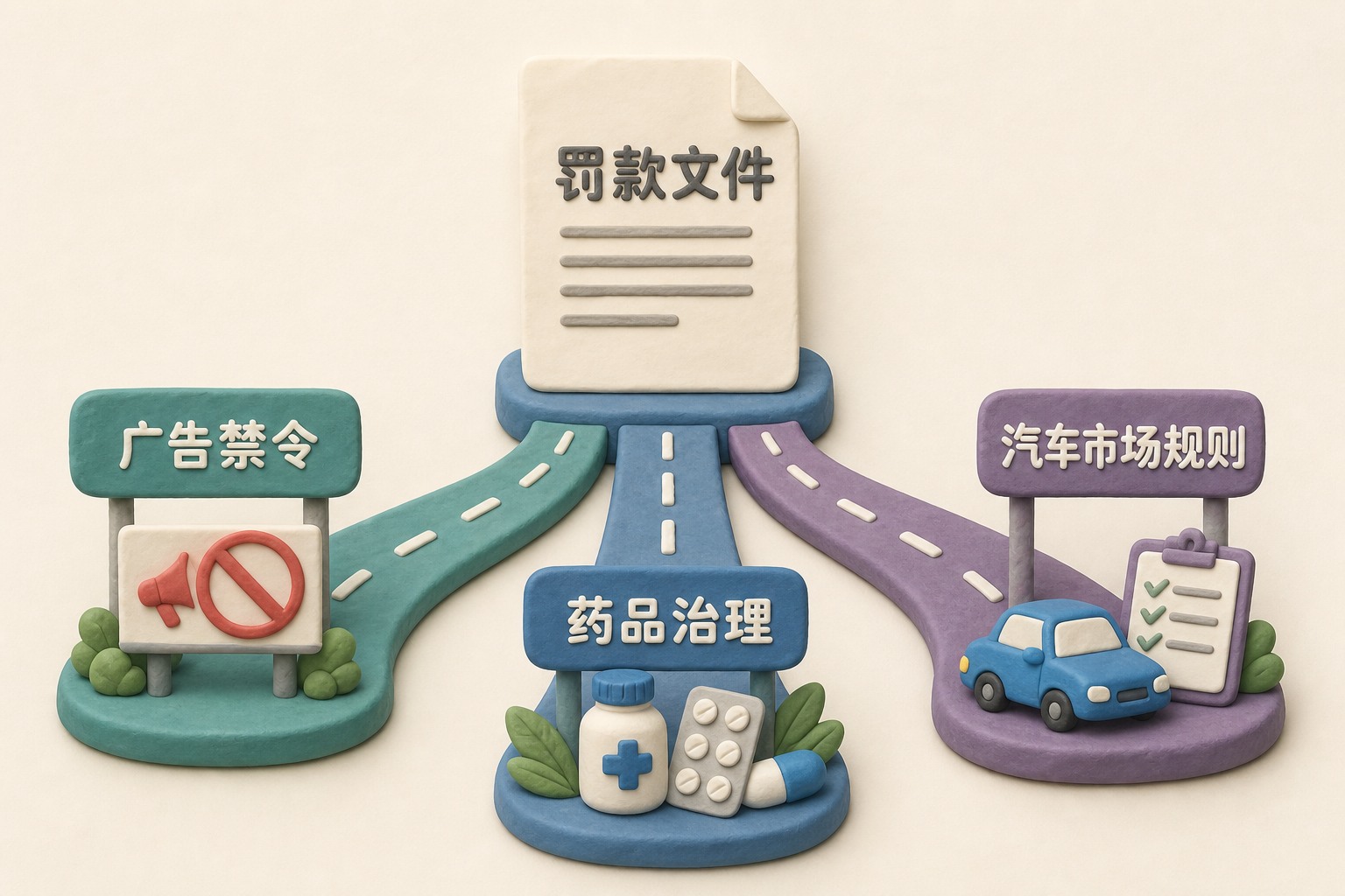 罚款文件在画面中央转化为广告禁令、药品治理和汽车市场规则三条道路，强调制度整改而非现金本身，不显示具体数值。只显示以上文字与数据，不补充其他数字、日期、比例、排名或因果关系。浅色背景的商业评论版橡皮泥平面信息图的统一风格。