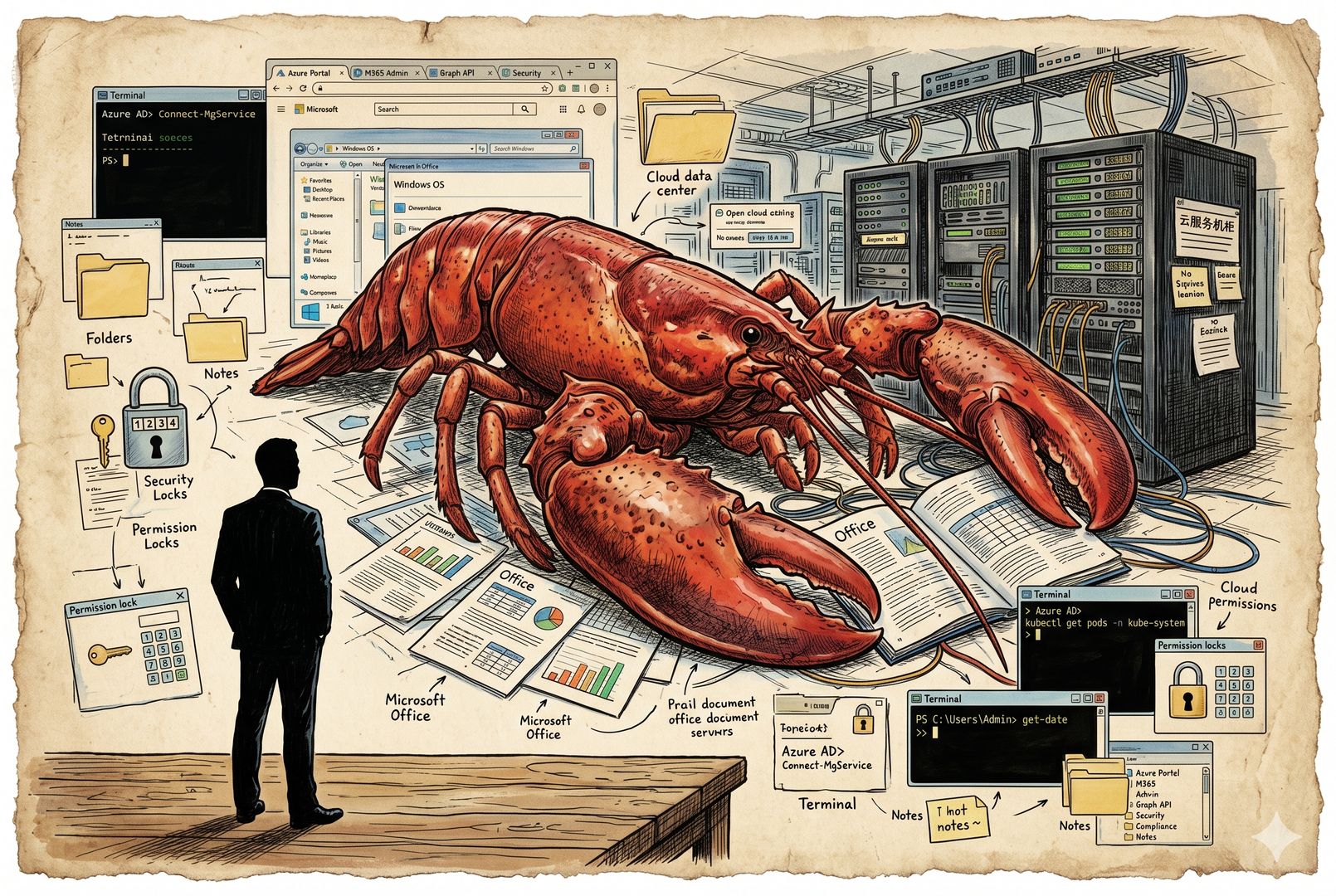 一只巨大的红色龙虾伏在摊开的 Windows、Office 文档与云服务器机柜之间，微软高管剪影站在前方凝视，桌面散落终端窗口、权限锁和浏览器标签页，羊皮纸，钢笔彩色手绘的统一风格。