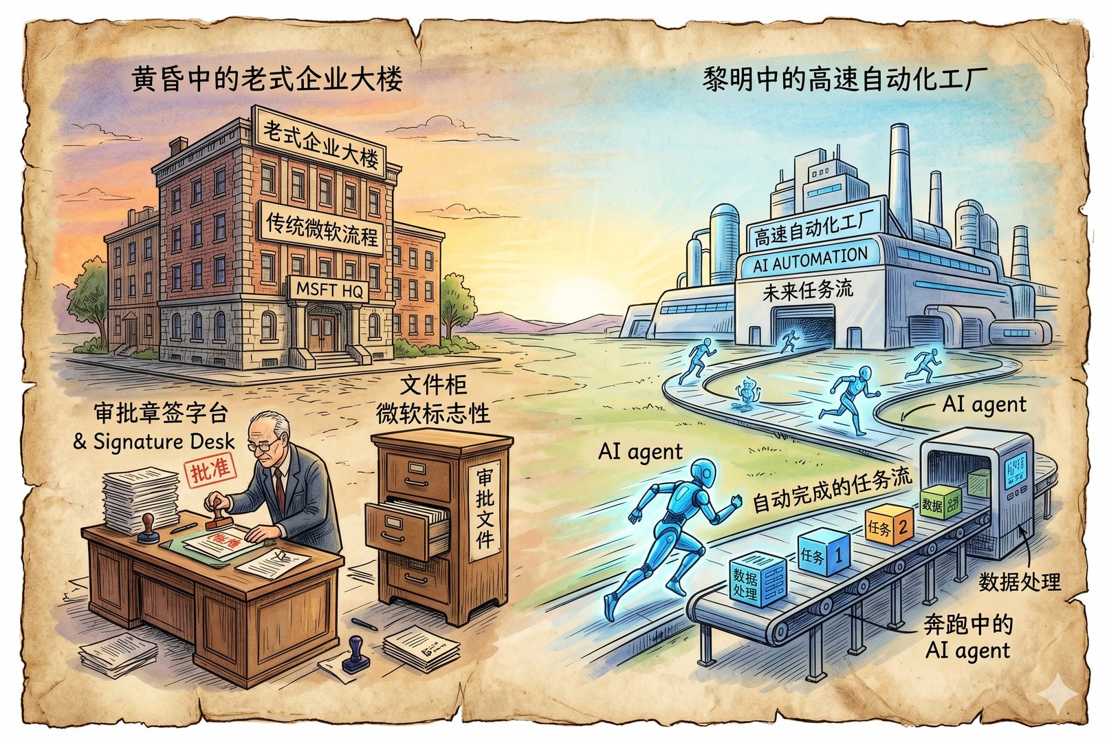 黄昏中的老式企业大楼与黎明中的高速自动化工厂遥遥相对，微软标志性的文件柜、审批章和签字台逐渐让位给奔跑中的 AI agent 与自动完成的任务流，羊皮纸，钢笔彩色手绘的统一风格。