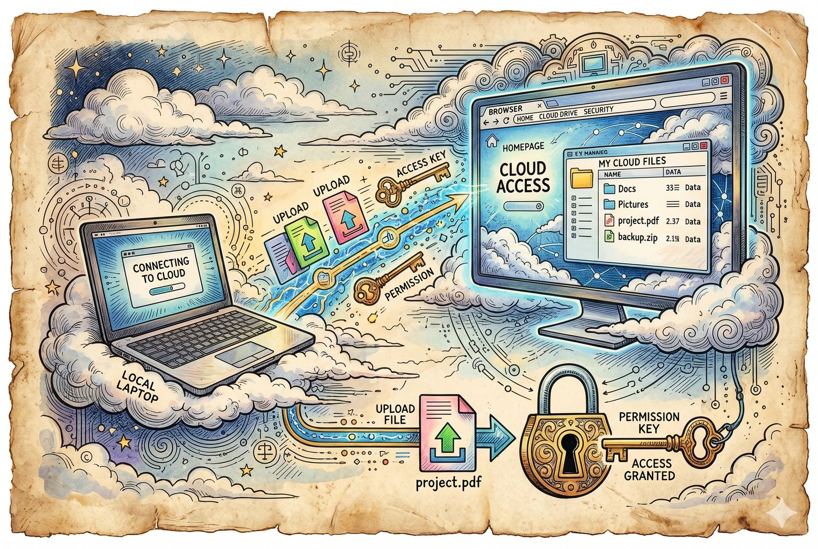 一台漂浮在云中的虚拟电脑屏幕上打开浏览器和文件夹，另一侧是一台本地笔记本电脑通过发光连线接入云端，画面中央有上传文件与权限钥匙的细节，羊皮纸，钢笔彩色手绘的统一风格。