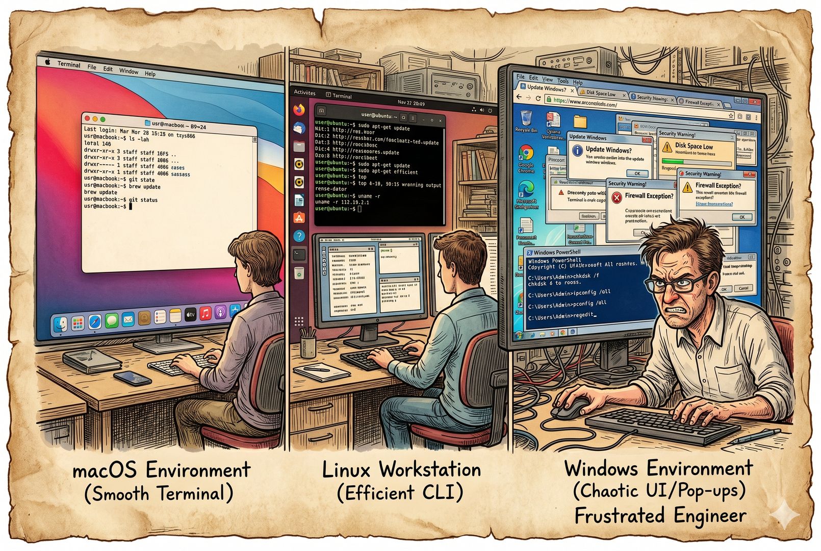 三台并排的电脑环境对比，macOS 与 Linux 的终端窗口整齐流畅，Windows 一侧堆满弹窗、图形界面按钮和混乱命令，工程师皱眉在屏幕前切换，羊皮纸，钢笔彩色手绘的统一风格。