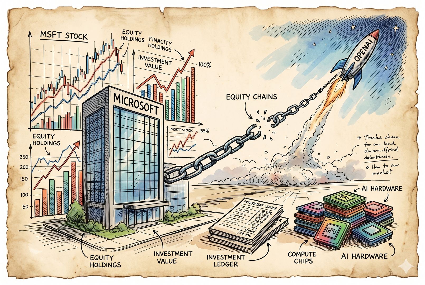 金融图表前的微软大楼与远处独立升空的 OpenAI 火箭形成对比，连接双方的股权锁链正在松开，投资账本与算力芯片堆在地面，羊皮纸，钢笔彩色手绘的统一风格。