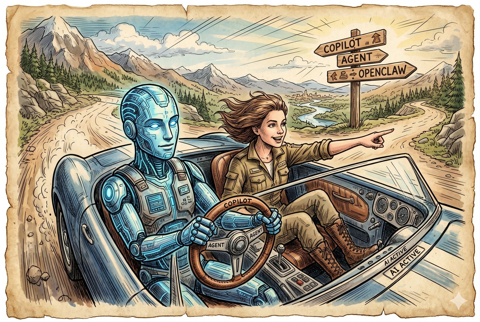 一辆汽车驾驶座上坐着拟人化 AI，手握方向盘高速前行，人类只在副驾上伸手指路，挡风玻璃外是写着 Copilot、Agent、OpenClaw 的路牌分岔，羊皮纸，钢笔彩色手绘的统一风格。