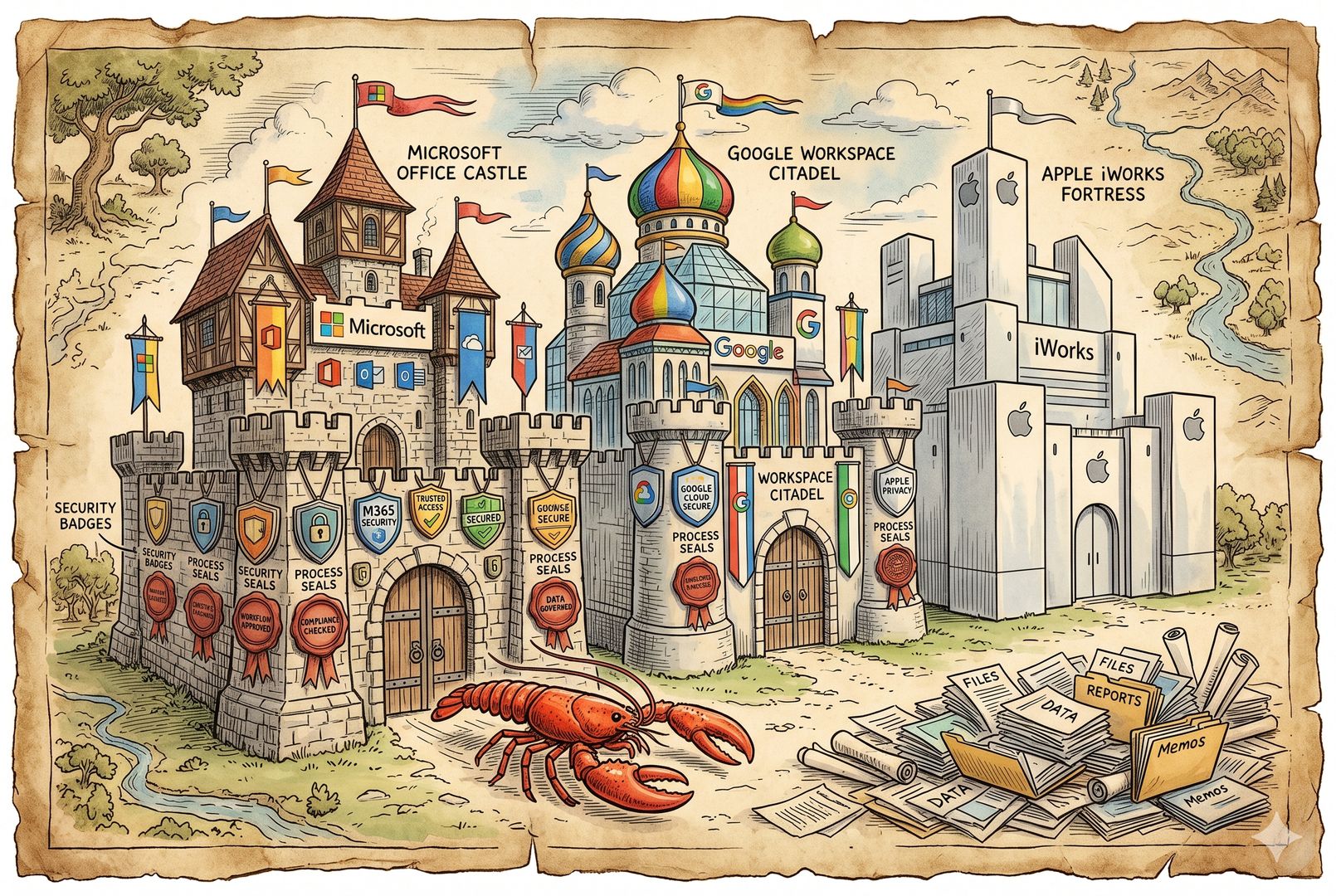 微软 Office、谷歌 Workspace、苹果 iWorks 三座办公城堡并列而立，城墙外挂满安全徽章与流程印章，一只灵活的龙虾从城外绕过大门直奔文件堆，羊皮纸，钢笔彩色手绘的统一风格。