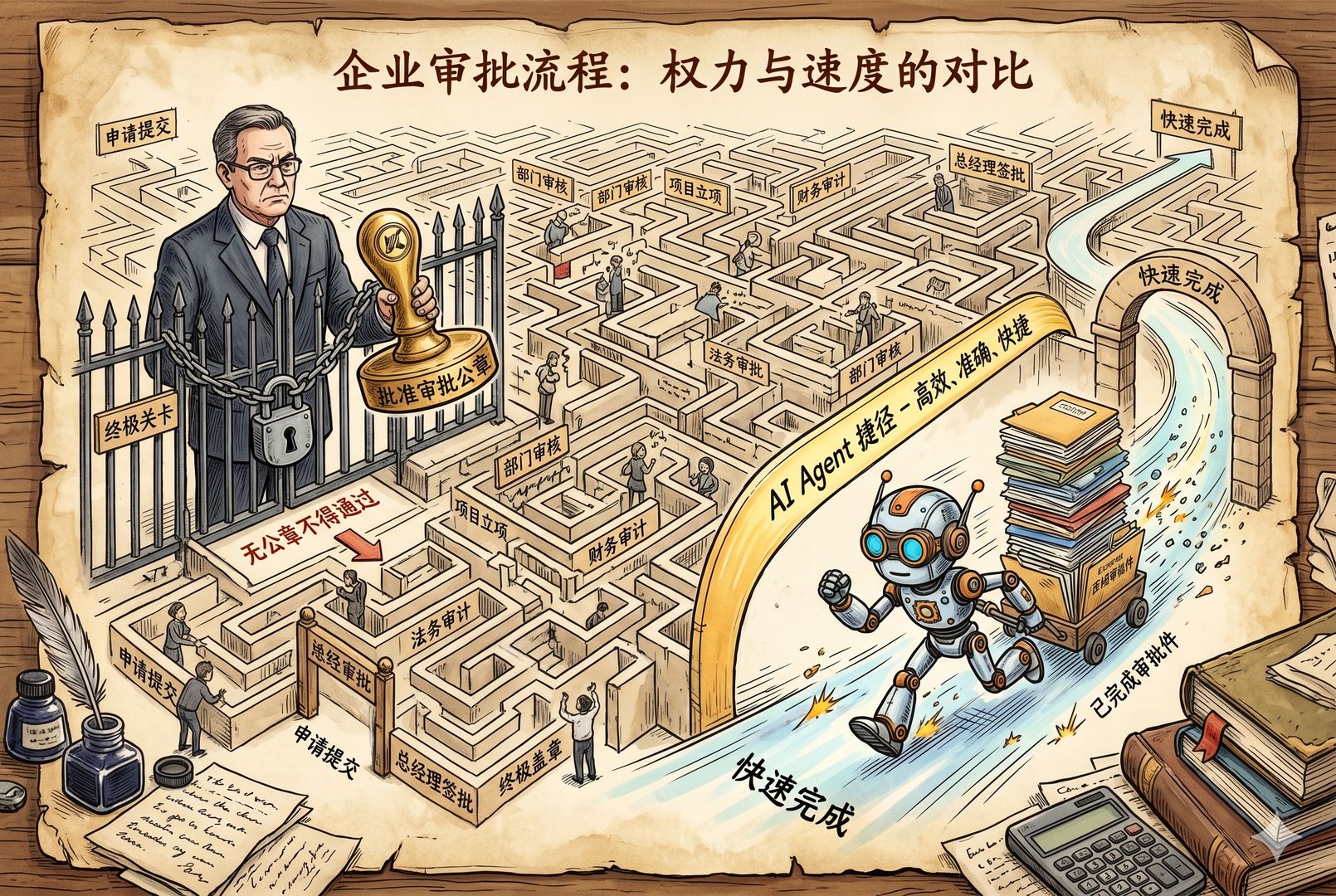 一张企业审批流程图像迷宫一样铺满桌面，经理拿着公章守在关卡前，另一边的 AI agent 正拖着成堆文件快速穿过捷径，速度与权力形成鲜明对照，羊皮纸，钢笔彩色手绘的统一风格。