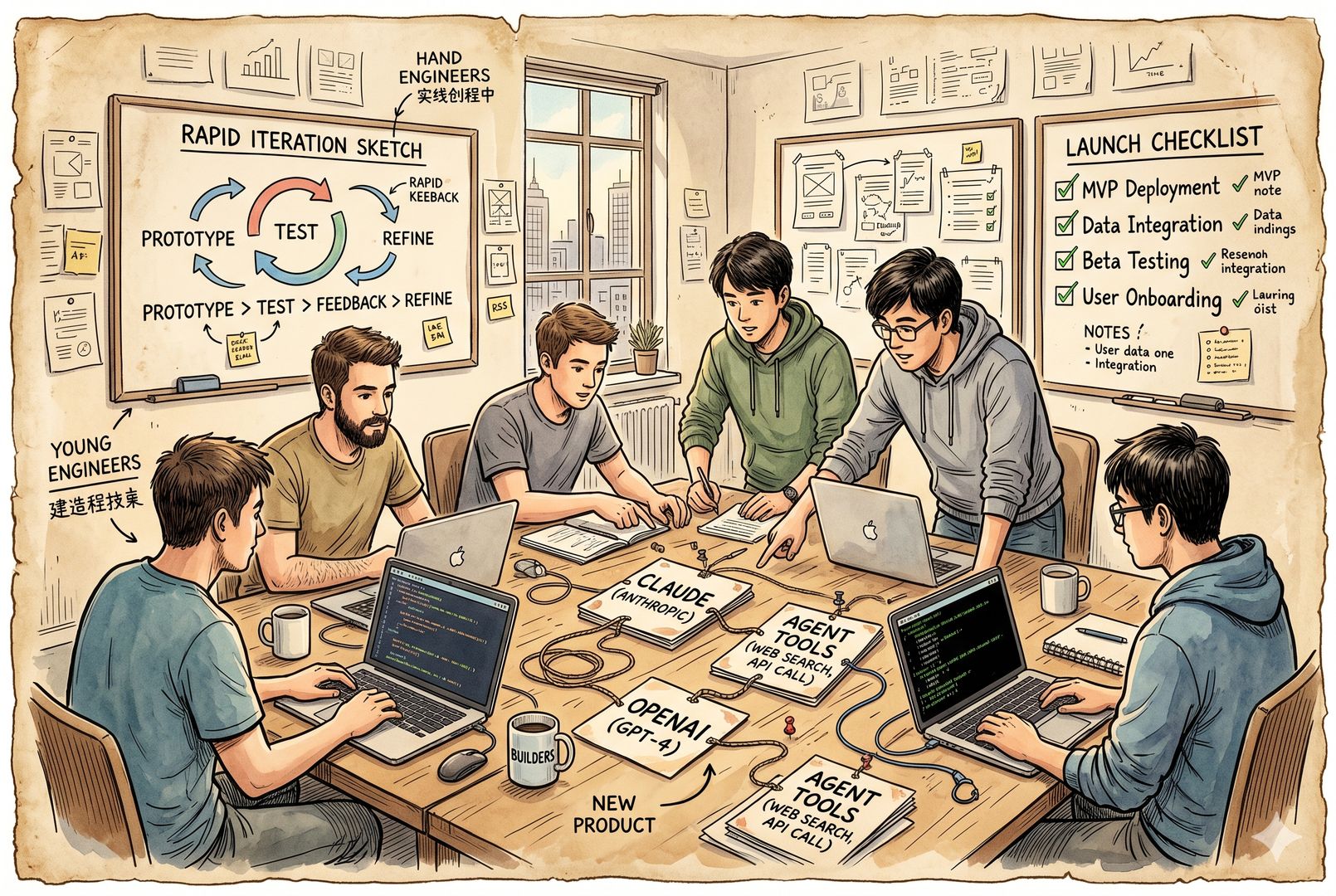 一家轻装上阵的 AI 创业公司工作室里，工程师们把 Claude、OpenAI、Agent 工具卡片直接拼接成新产品，墙上没有旧 KPI 表格，只有快速迭代草图与上线清单，羊皮纸，钢笔彩色手绘的统一风格。